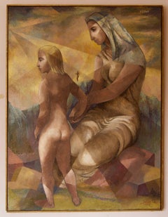 Abstract Mother and Child - Mid 20th Century Oil - Family Outside Light - Nisbet