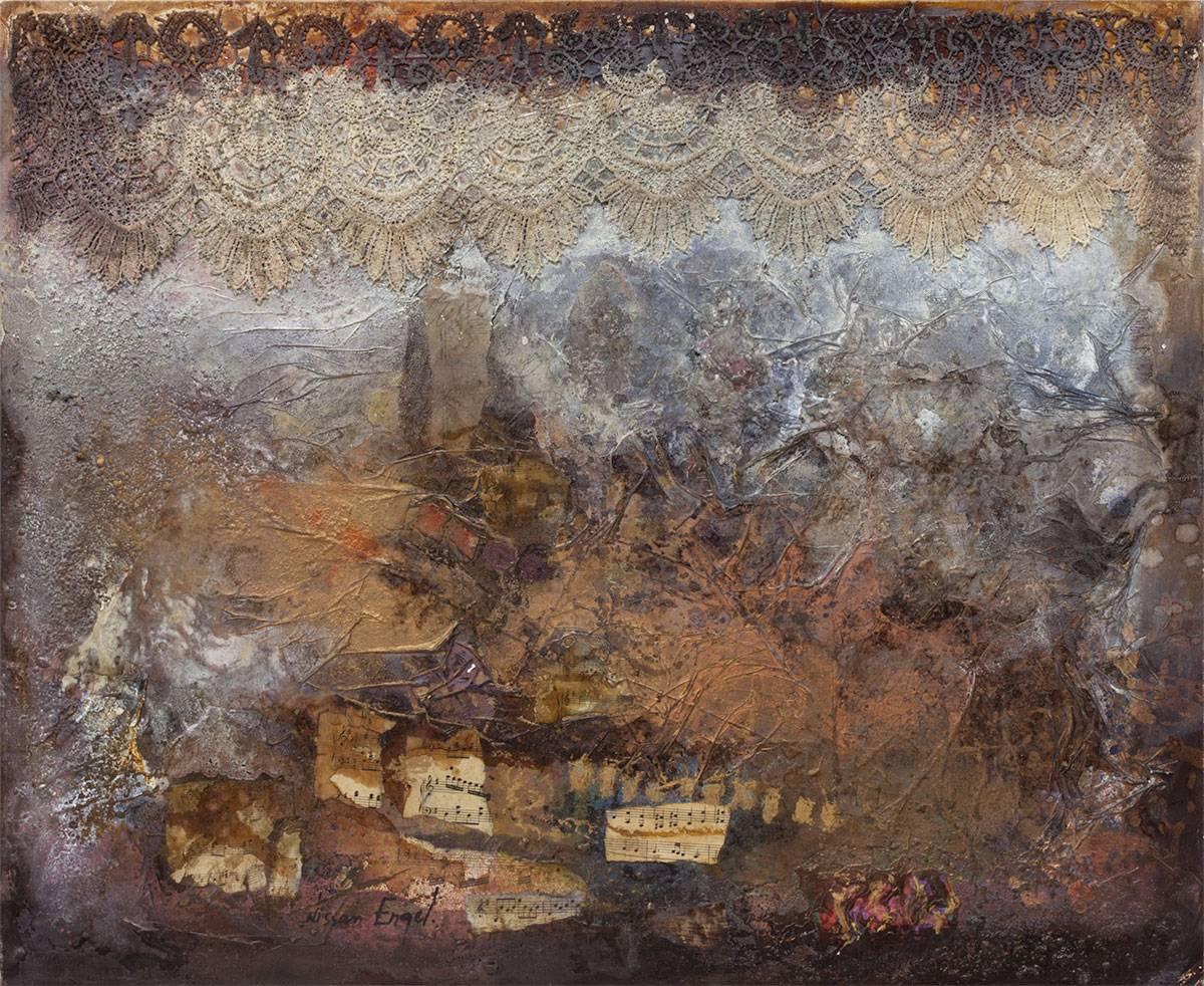 Nissan Engel Abstract Painting - Collage Assemblage with lace and Music Notes Abstract Composition