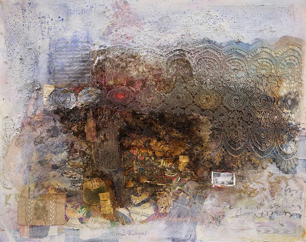 Collage francese Pittura d'assemblaggio Pizzo e note musicali Composizione astratta in vendita 7