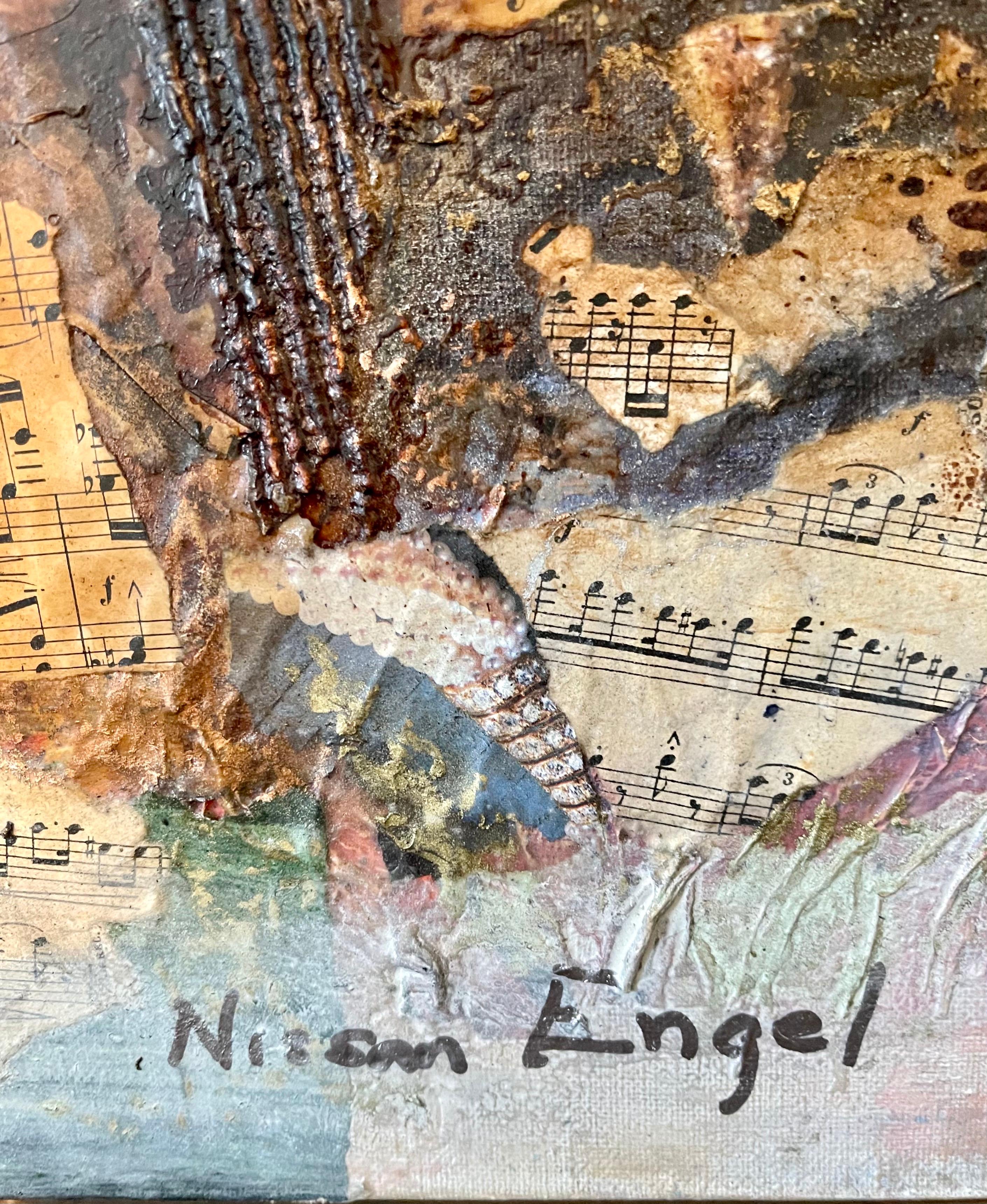 Collage francese Pittura d'assemblaggio Pizzo e note musicali Composizione astratta - Painting di Nissan Engel