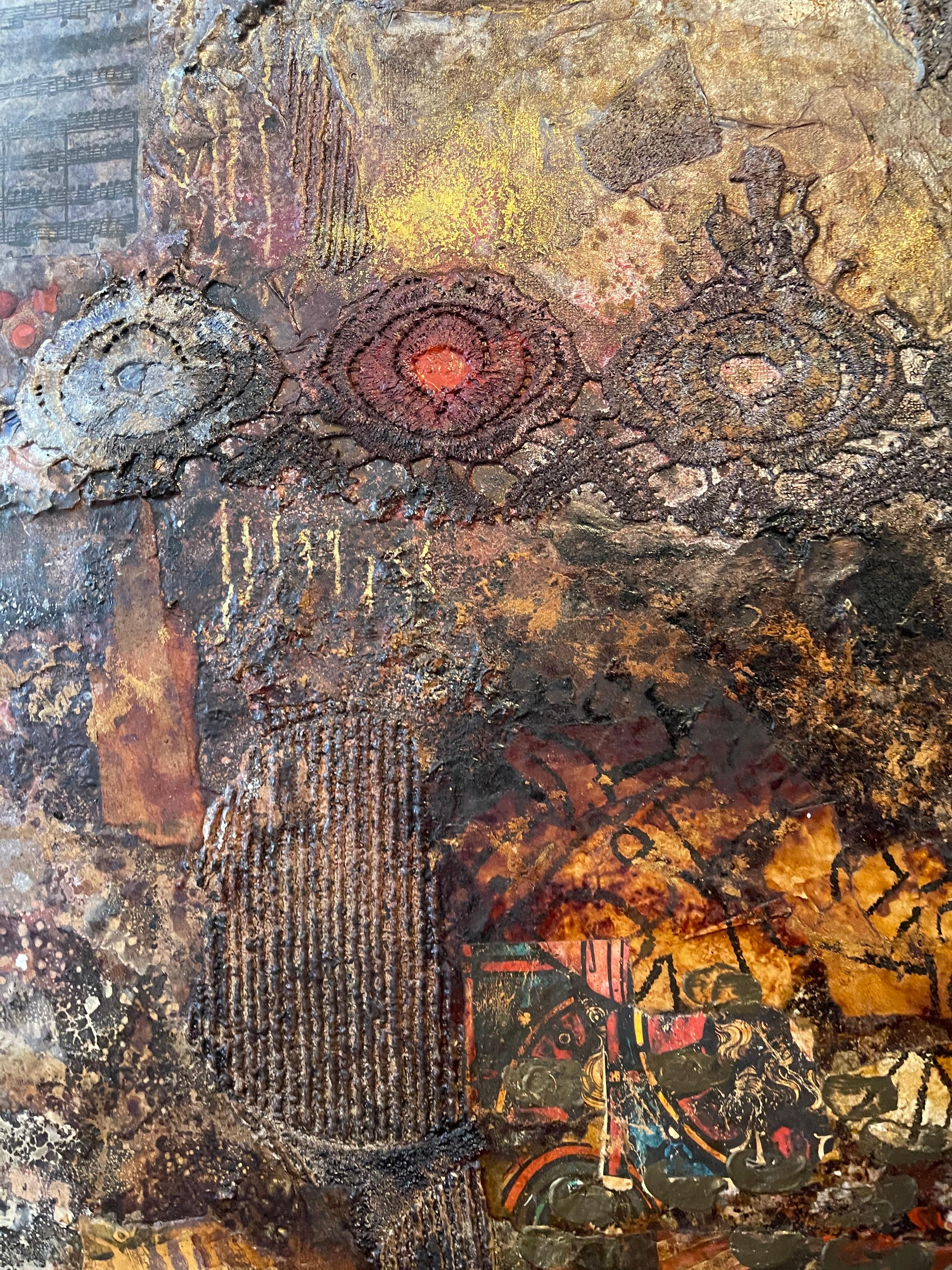 Collage francese Pittura d'assemblaggio Pizzo e note musicali Composizione astratta in vendita 3