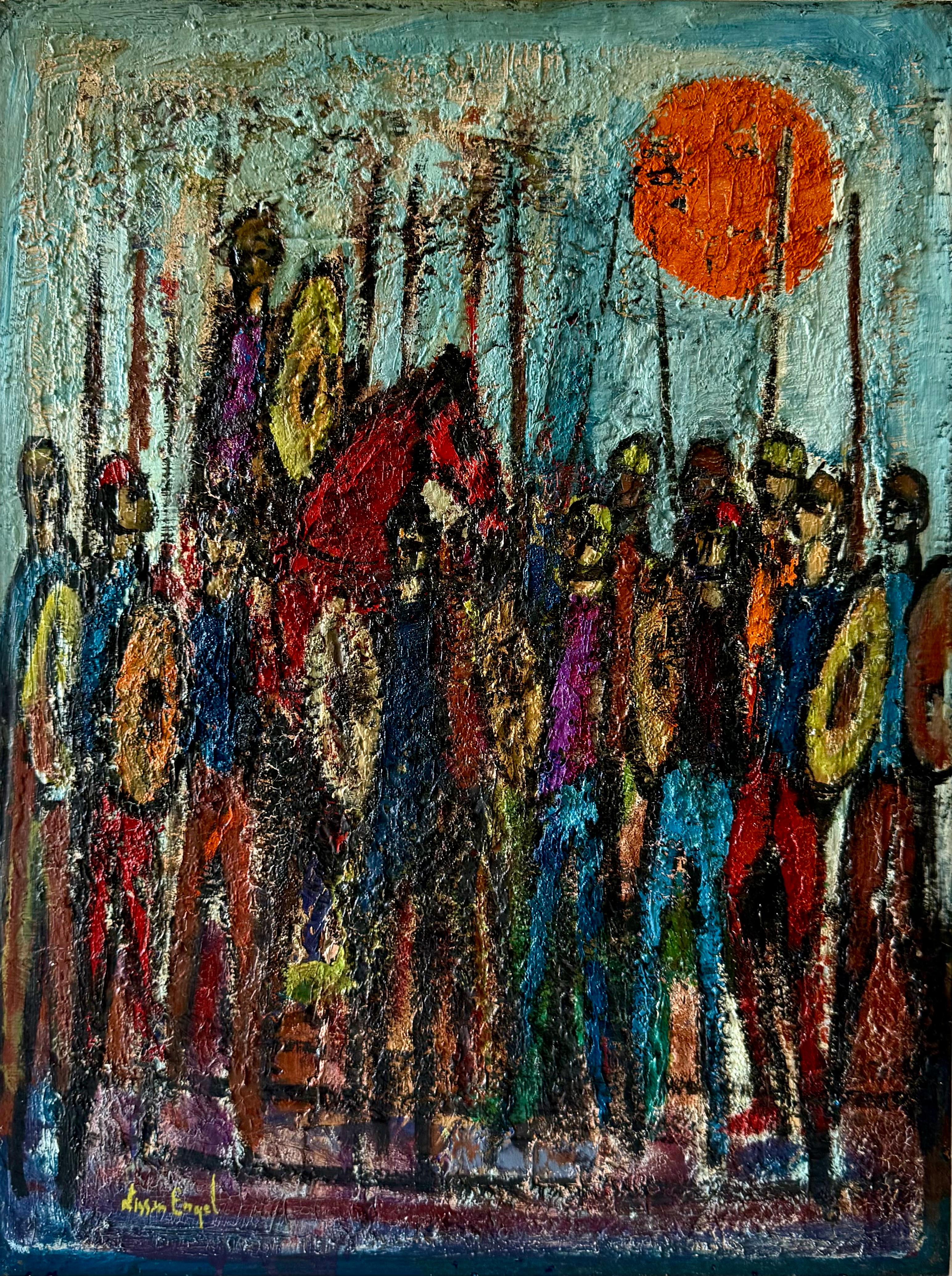 Hand signed by artist lower left
Guerriers (the Warriors)
Oil on board 
Dimensions: 24 x 18 in.
Circa 1950
s-1960
s

NISSAN ENGEL Israel, b. 1931
Multidisciplinary Israeli French artist Nissan Engel was born in Haifa, Israel in 1931. Best known for