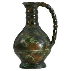 Vintage Nittsjö, Pitcher, Green Glazed Earthenware, Sweden, 1940s