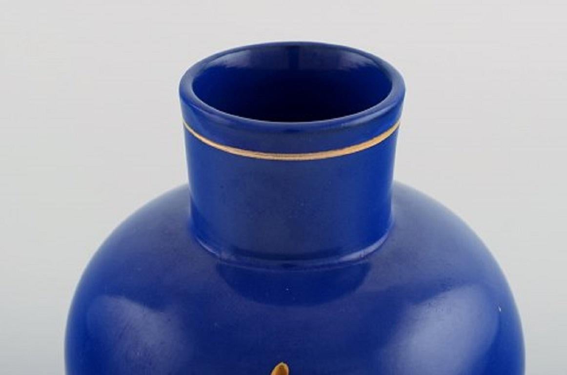 Swedish Nittsjö, Sweden, Vase in Glazed Ceramics, Blue Glaze and Leaves in Gold, 1960s