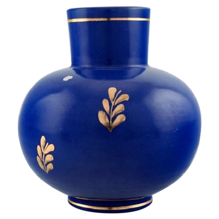 Nittsjö, Sweden, Vase in Glazed Ceramics, Blue Glaze and Leaves in Gold, 1960s