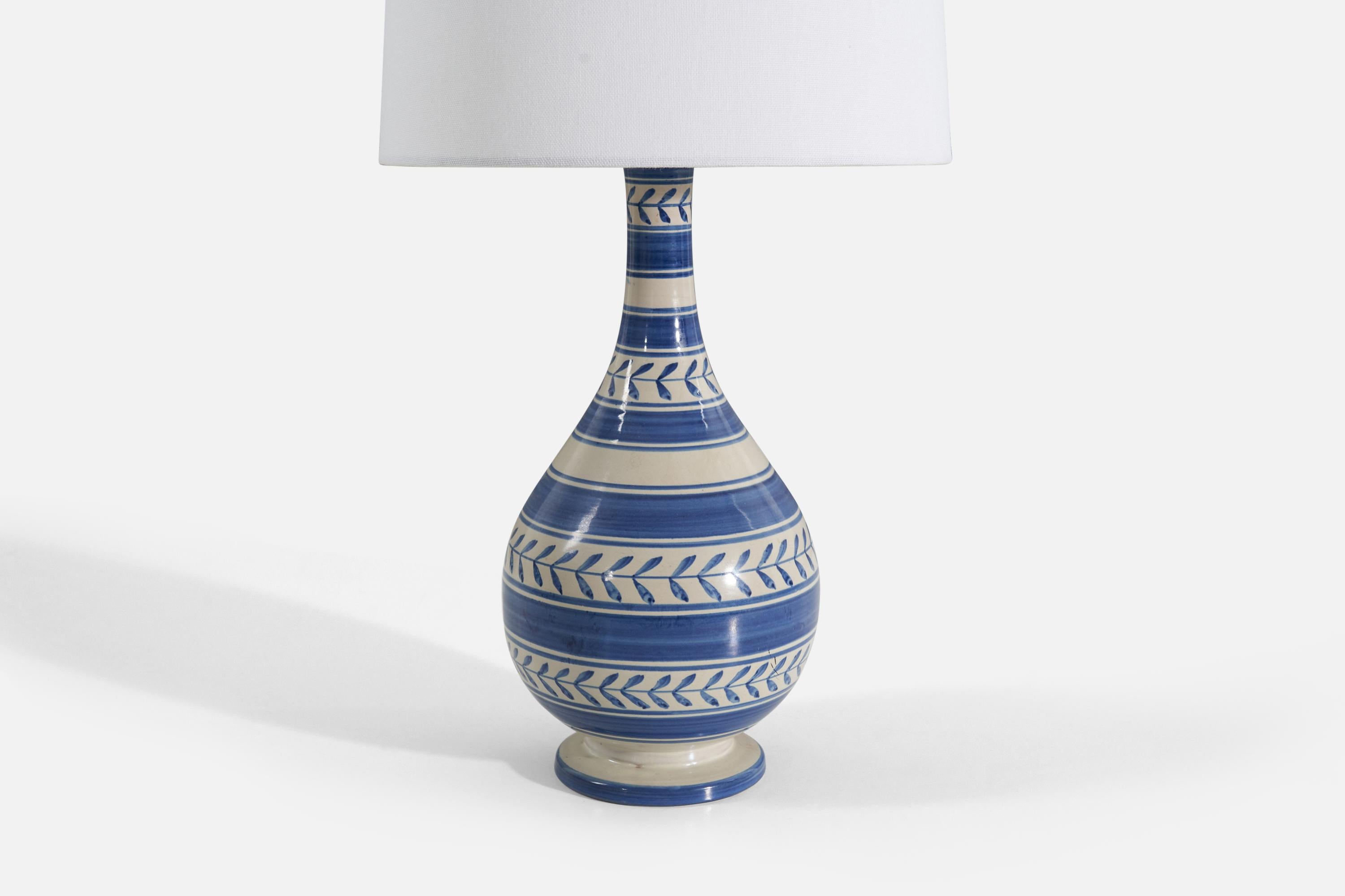 Swedish Nittsjö, Table Lamp, Blue and White-Glazed Ceramic, Sweden, 1940s