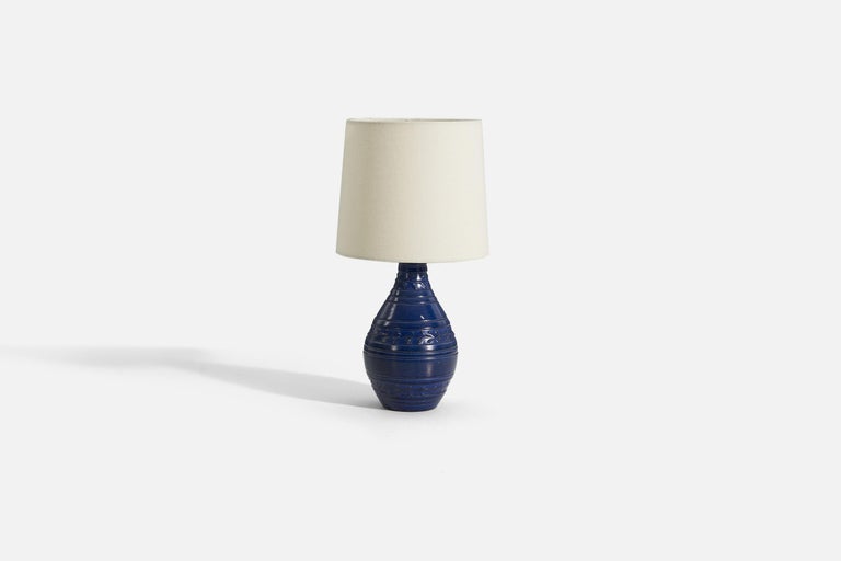 Swedish Nittsjö, Table Lamp, Blue-Glazed Earthenware, Sweden, 1940s For Sale