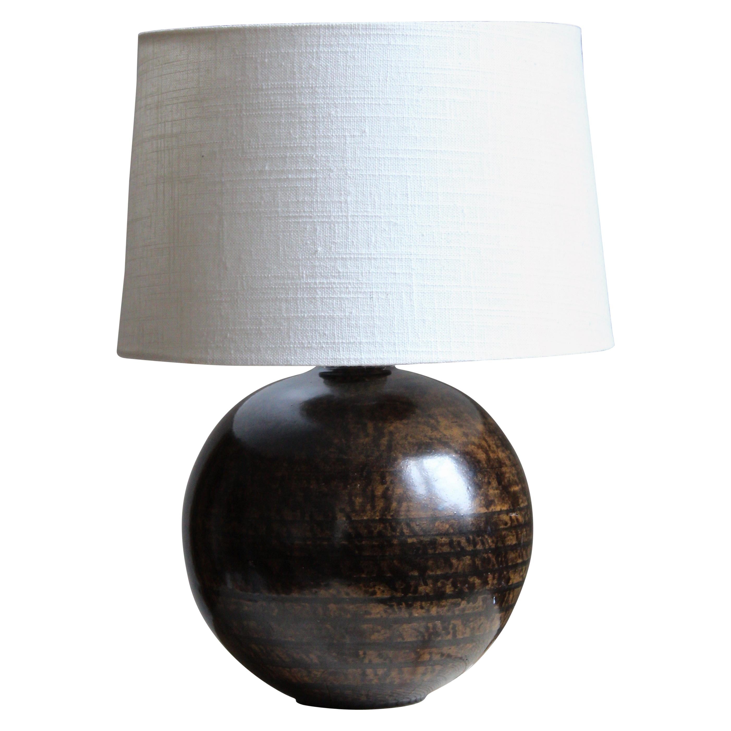 Nittsjö, Table Lamp, Brown Glazed and Hand-Painted Ceramic, Sweden, circa 1930
