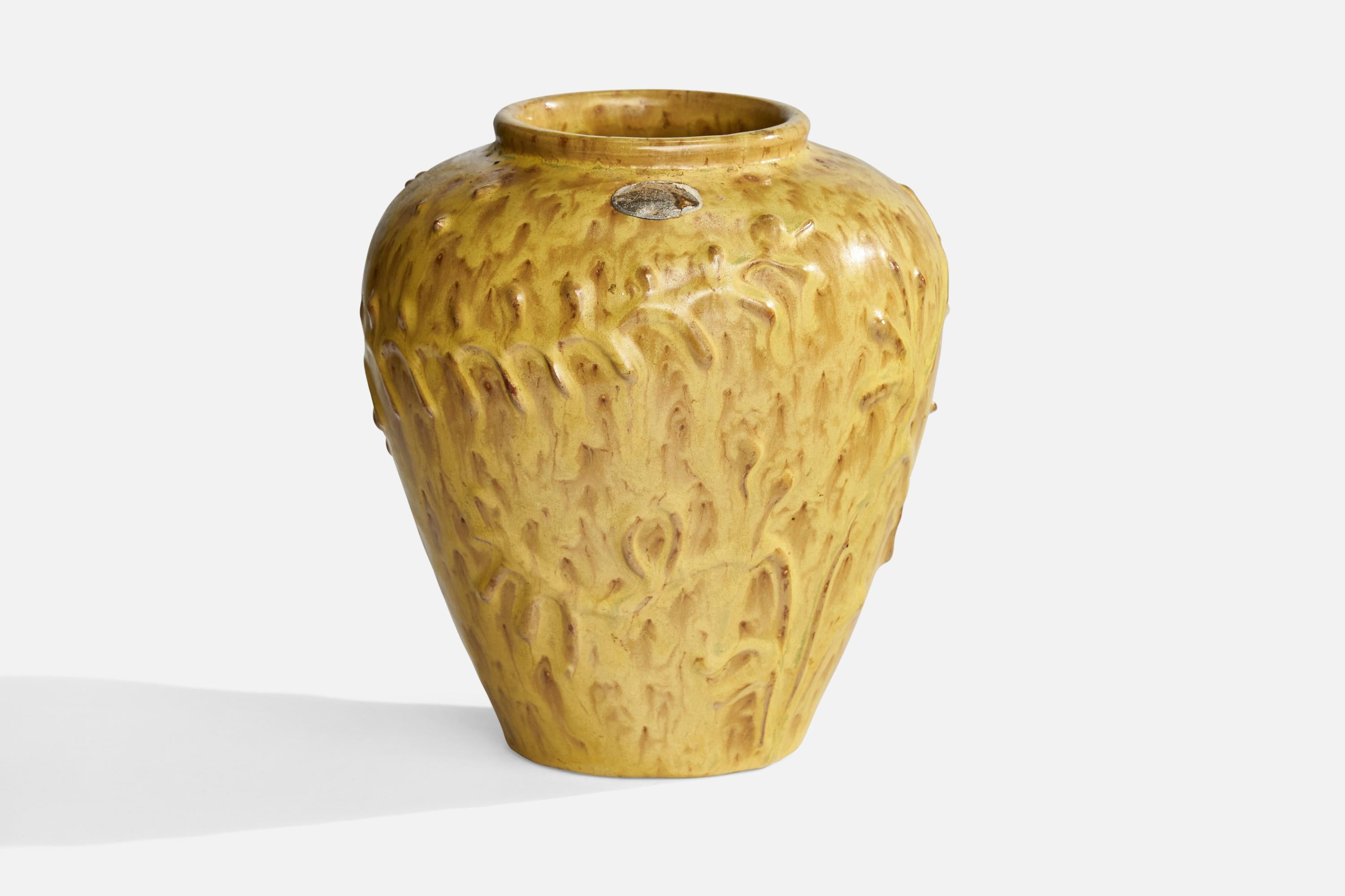 A yellow-glazed ceramic vase designed and produced by Nittsjö, Sweden, 1930s.