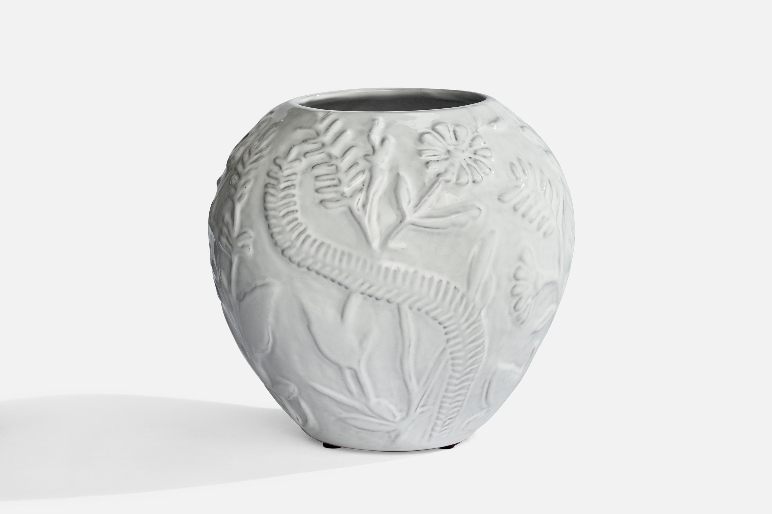 A white-glazed ceramic vase designed and produced in Sweden, 1930s.
