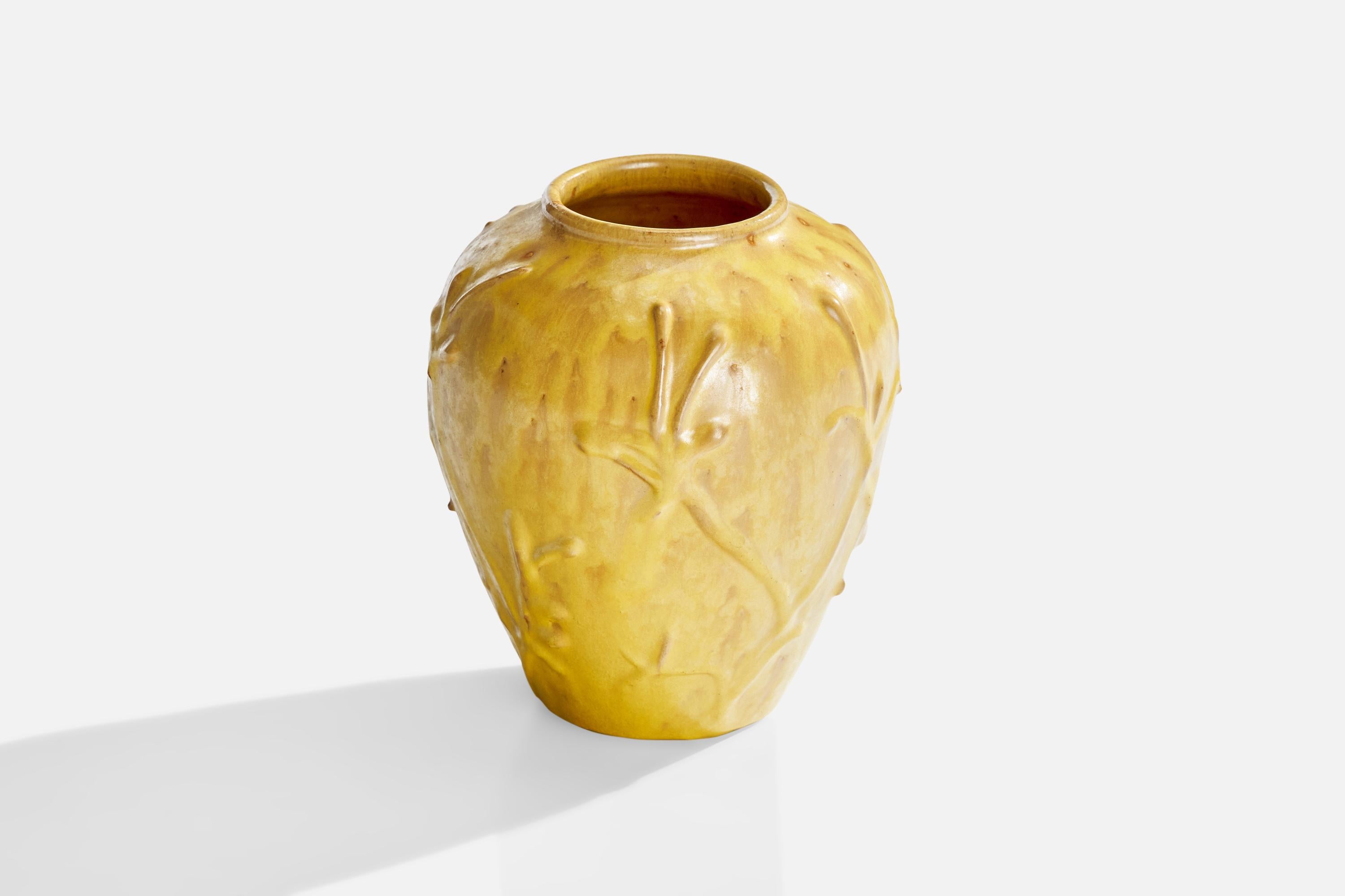 A yellow-glazed ceramic vase designed and produced by Nittsjö, Sweden, 1930s.