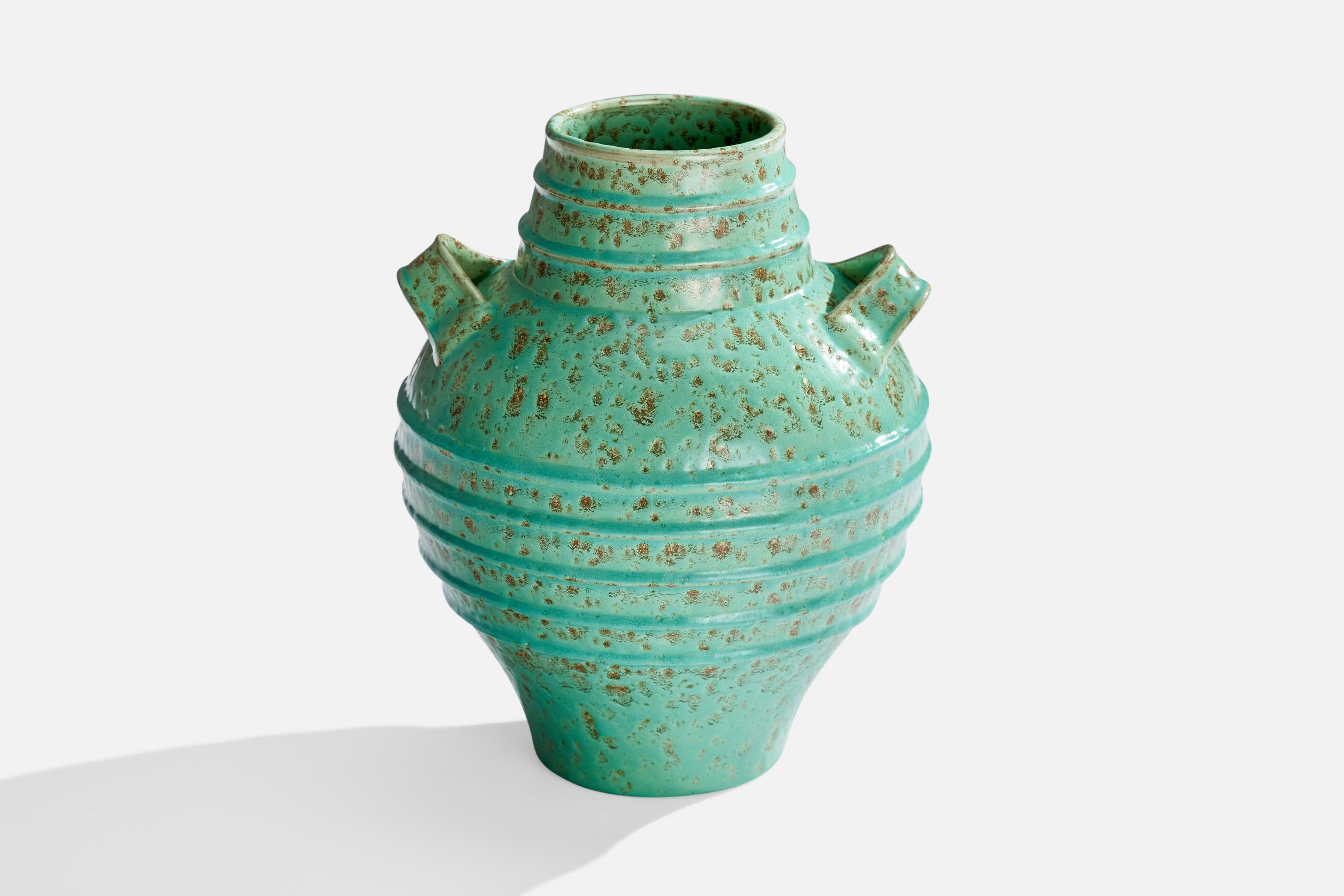 A green-glazed ceramic vase designed and produced by Nittsjö, Sweden, 1930s.