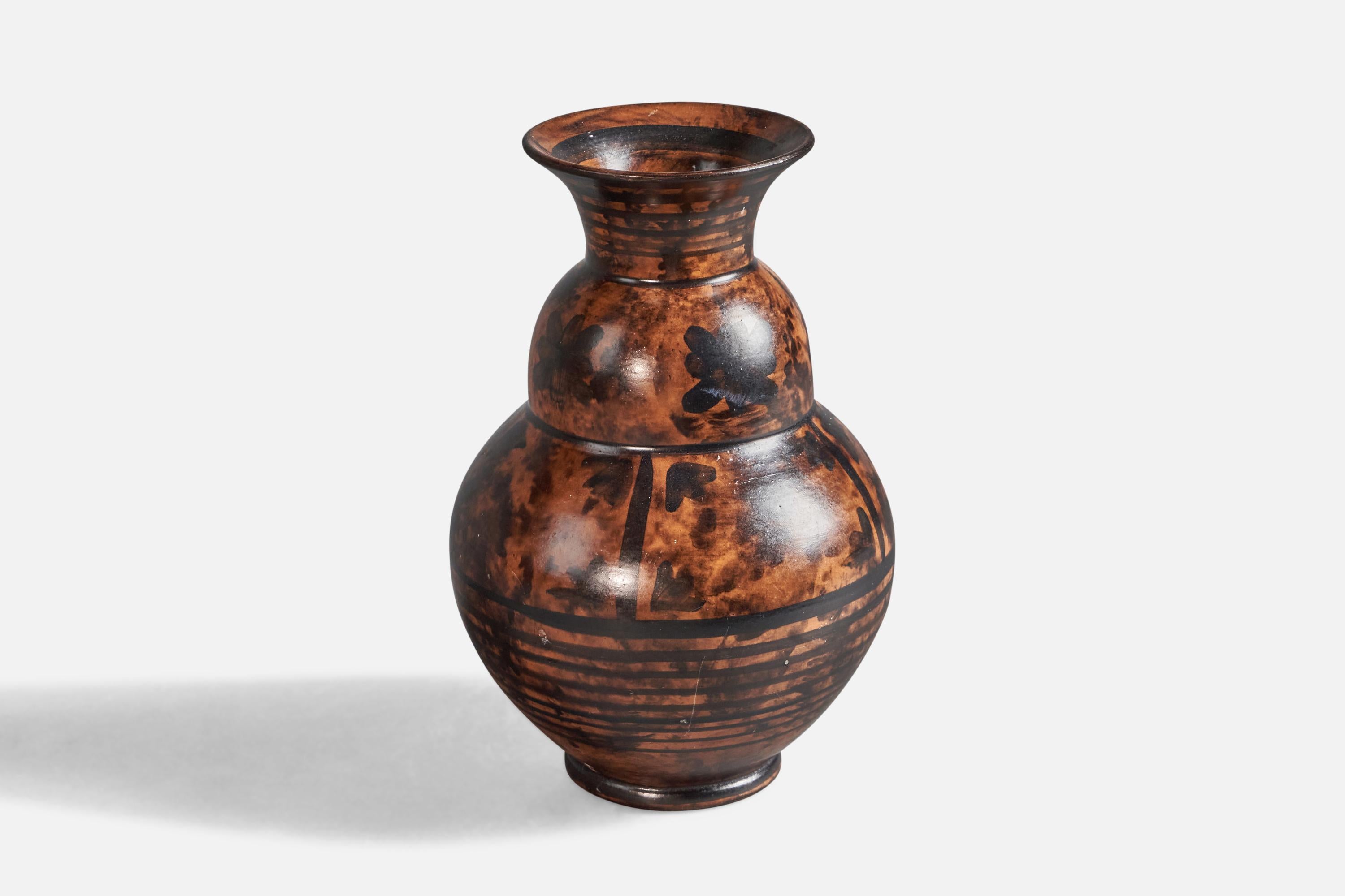 A brown and black-glazed earthenware vase, designed and produced by Nittsjö, Sweden, c. 1930s.