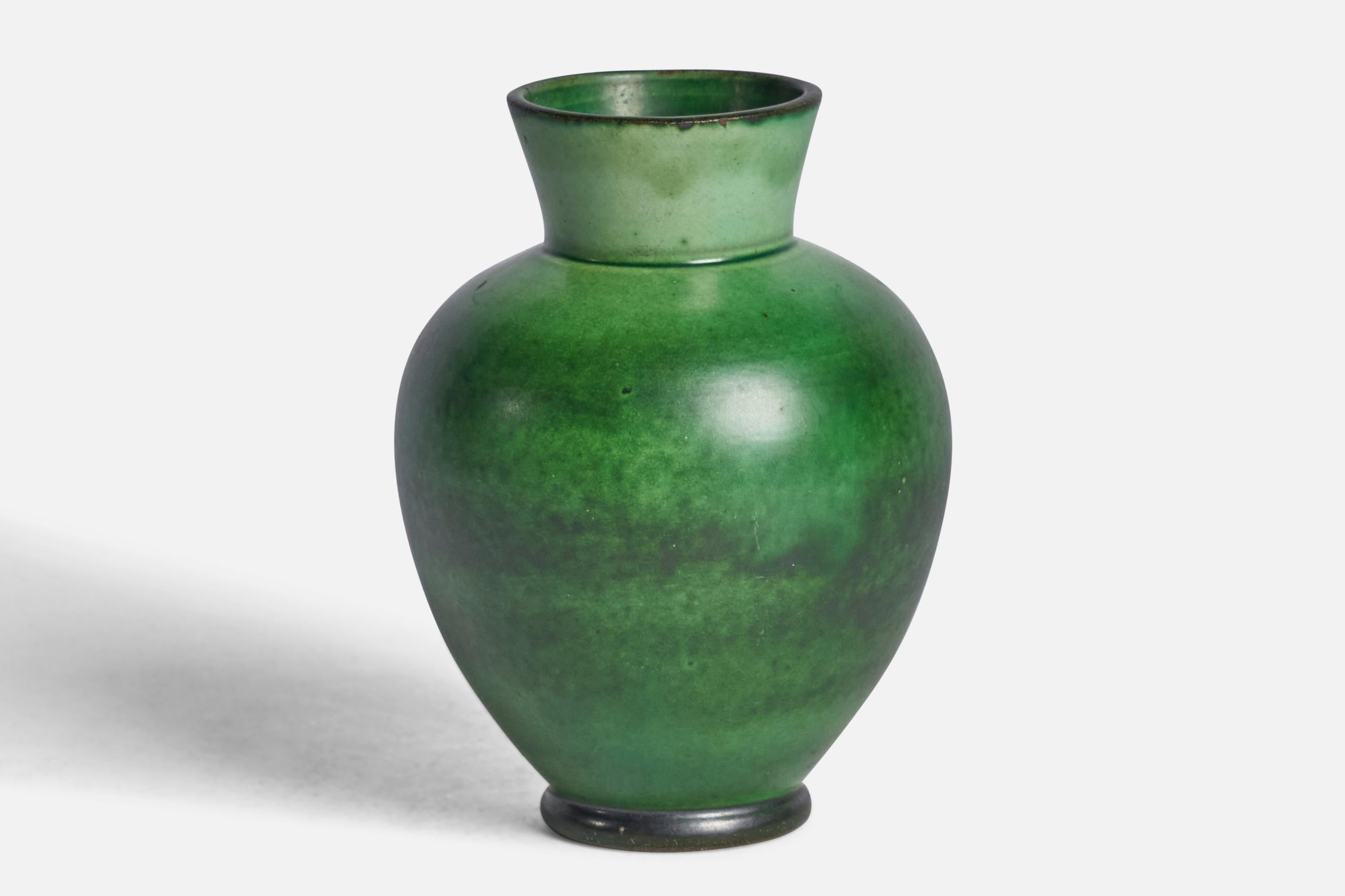 A green-glazed earthenware vase by Nittsjö, Sweden, c. 1930s.