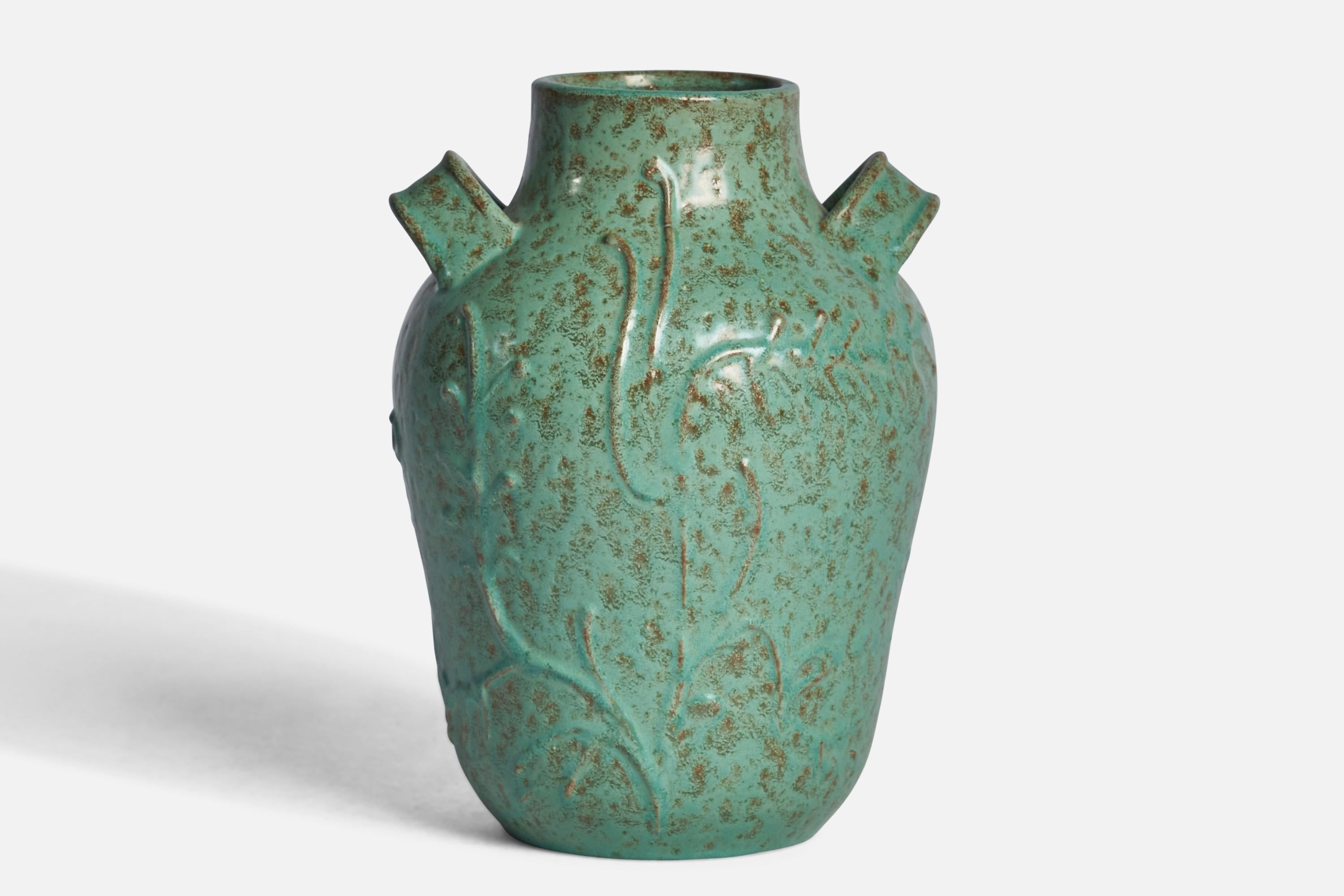 A green-glazed earthenware vase by Nittsjö, Sweden, 1930s.