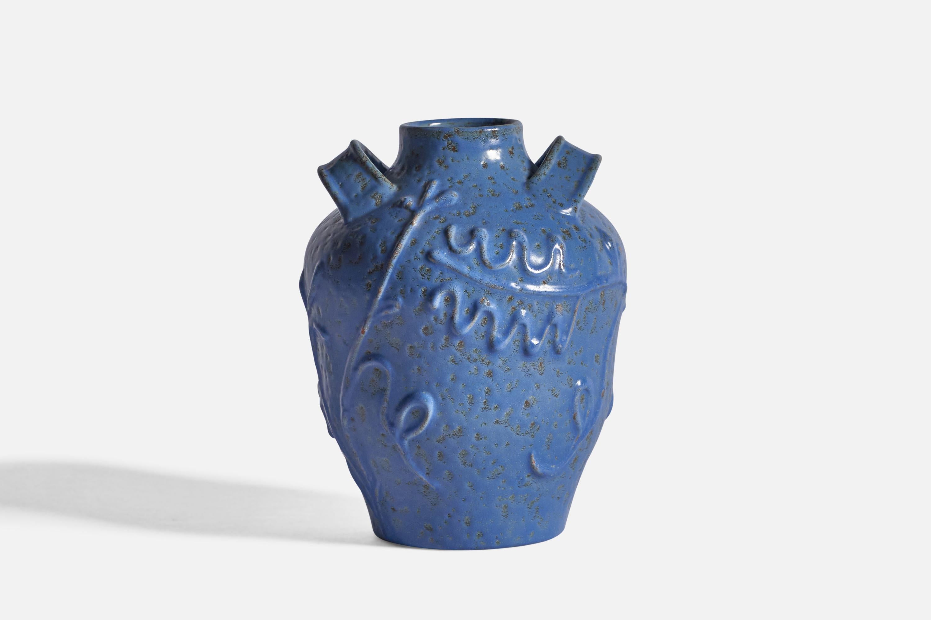 A blue-glazed earthenware vase with relief ornamentation, designed and produced by Nittsjö, Sweden, 1940s.