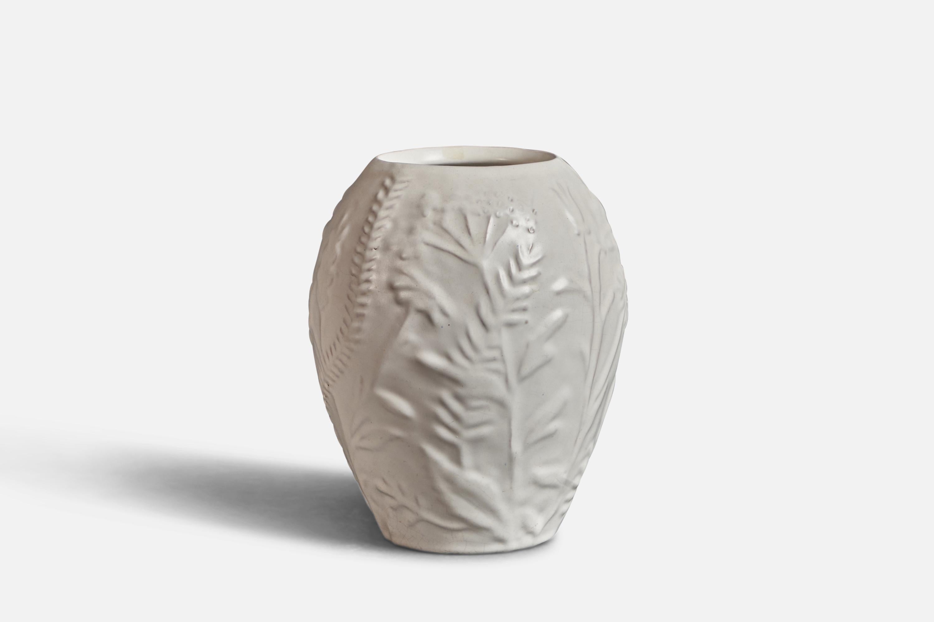 A white-glazed earthenware vase, designed and produced by Nittsjö, Sweden, c. 1930s.