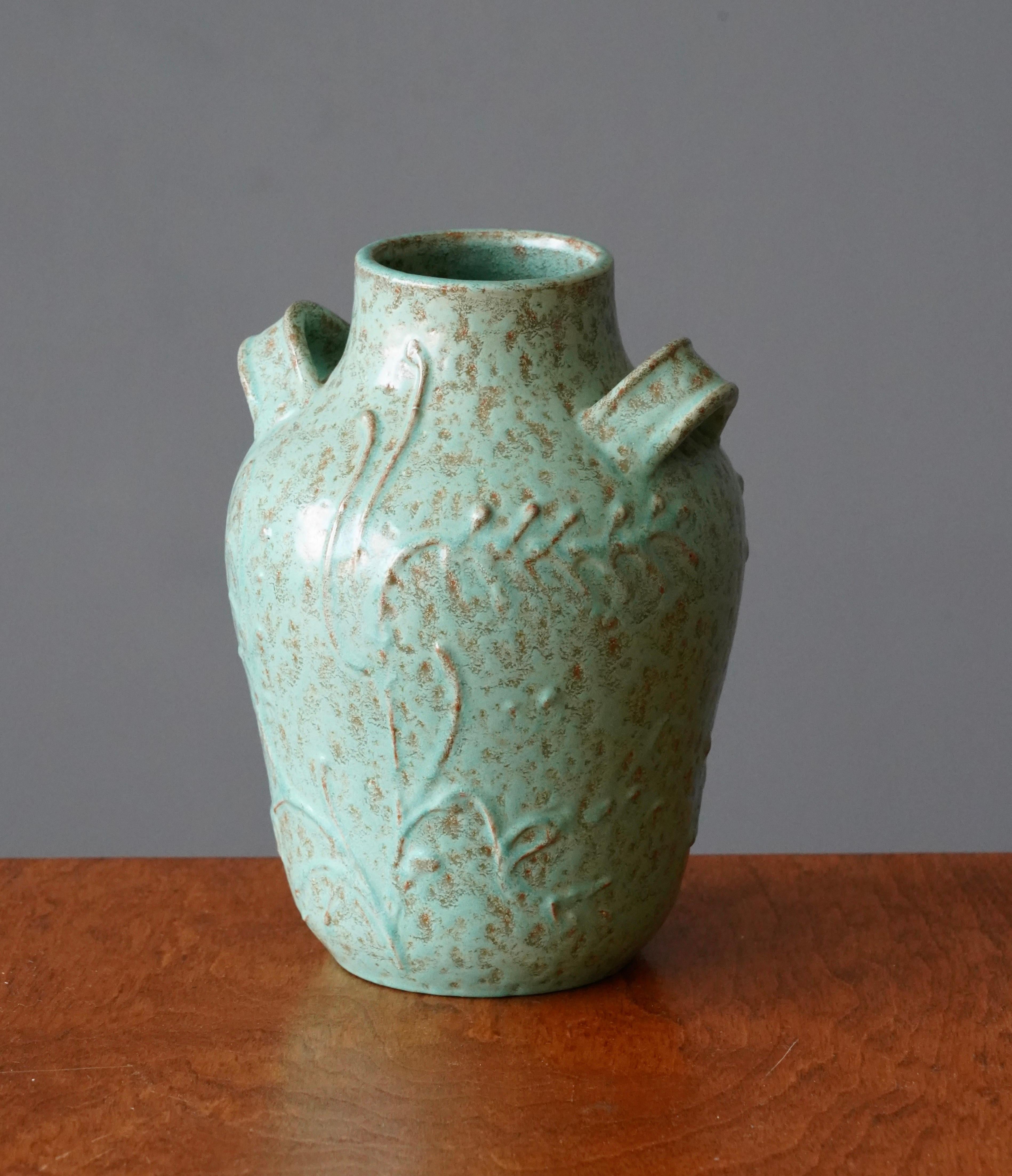 Scandinavian Modern Nittsjö, Vase, Green Brown Glazed Earthenware, Sweden, 1940s
