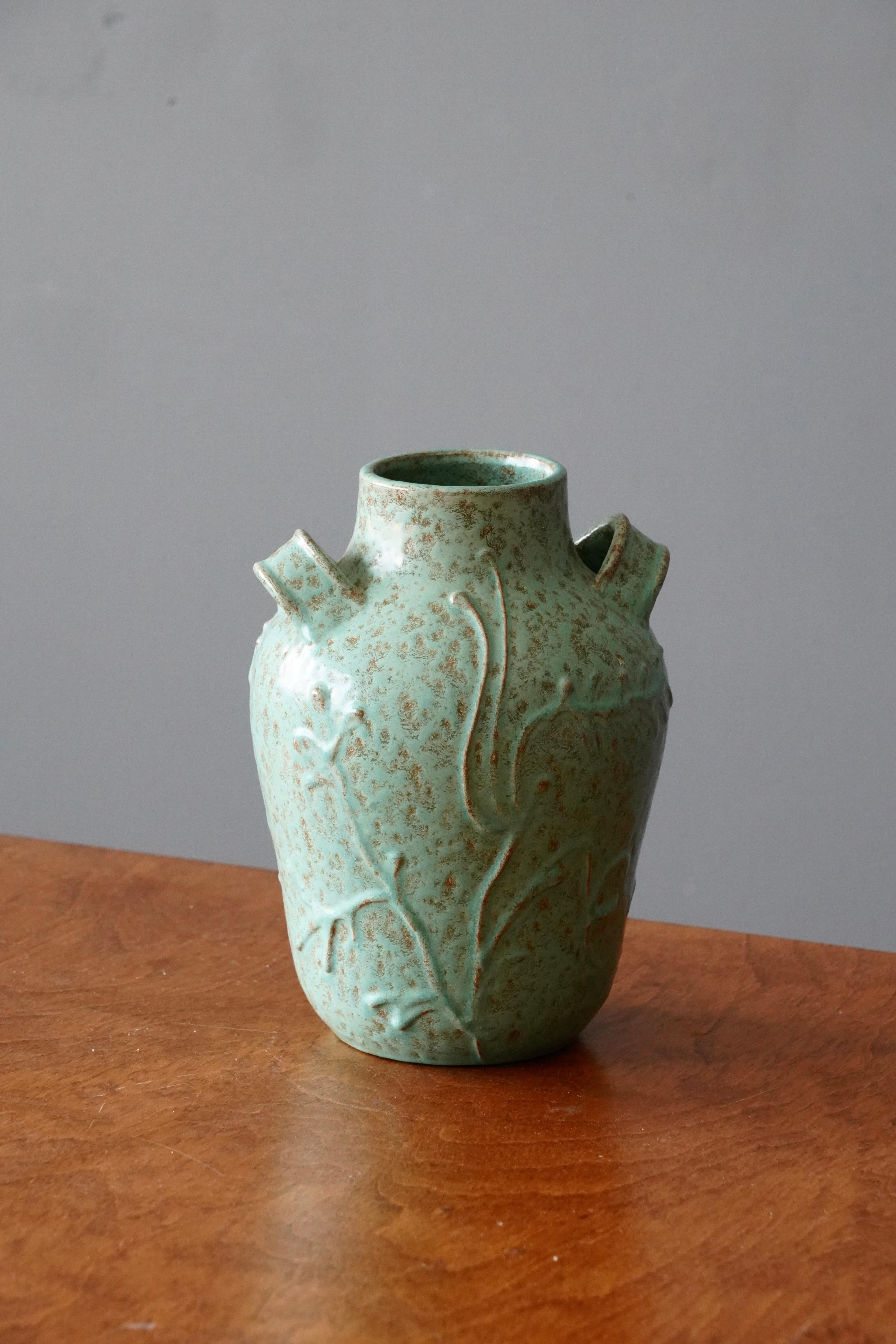 Swedish Nittsjö, Vase, Green Brown Glazed Earthenware, Sweden, 1940s