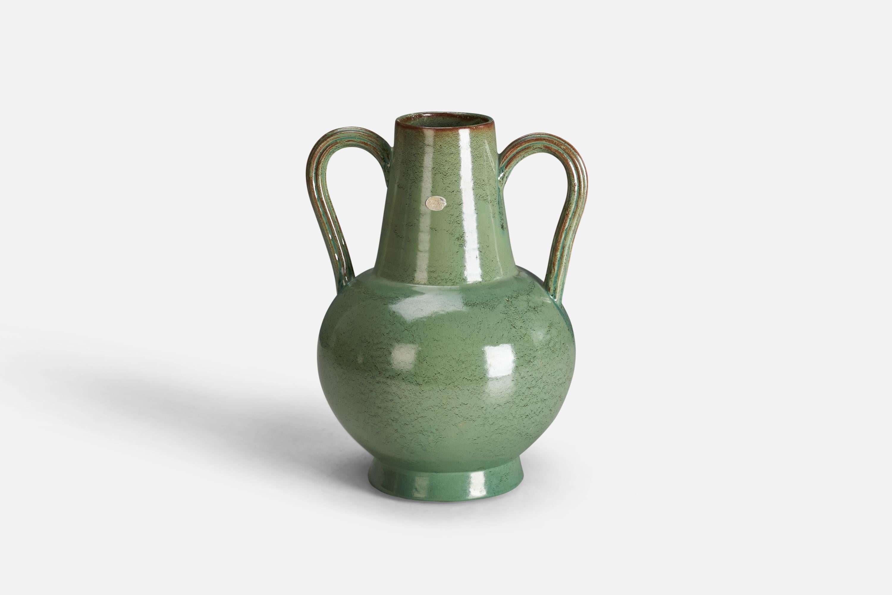 An green-glazed earthenware vase designed and produced by Nittsjö, 1930s.