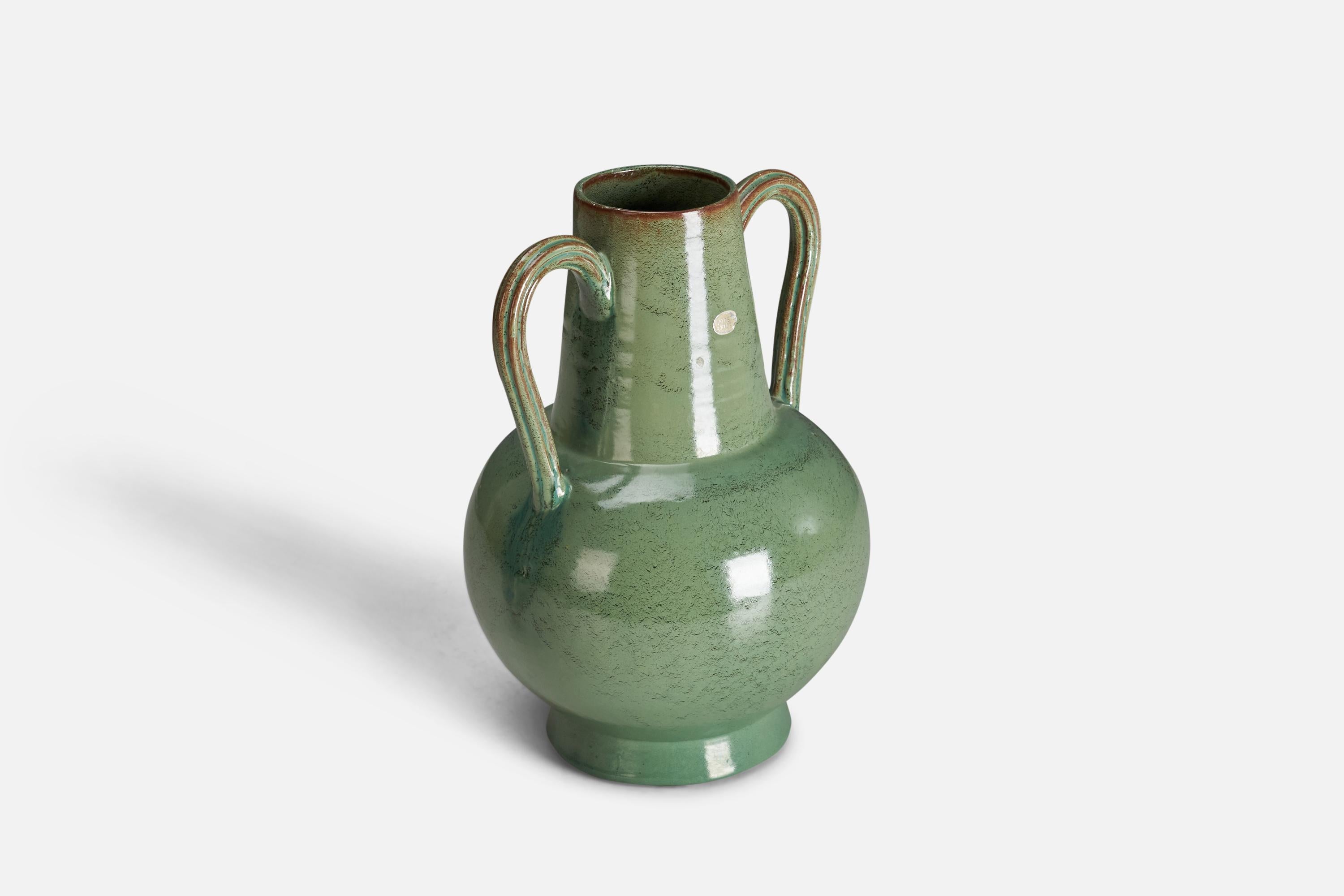 Mid-Century Modern Nittsjö, Vase, Green-Glazed Earthenware, Sweden, 1930s For Sale