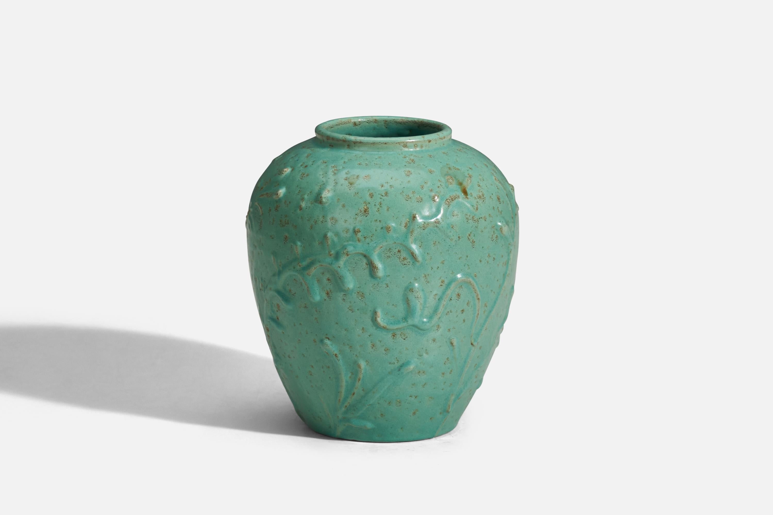 A green glazed earthenware vase designed and produced by Nittsjö, Sweden, 1940s.