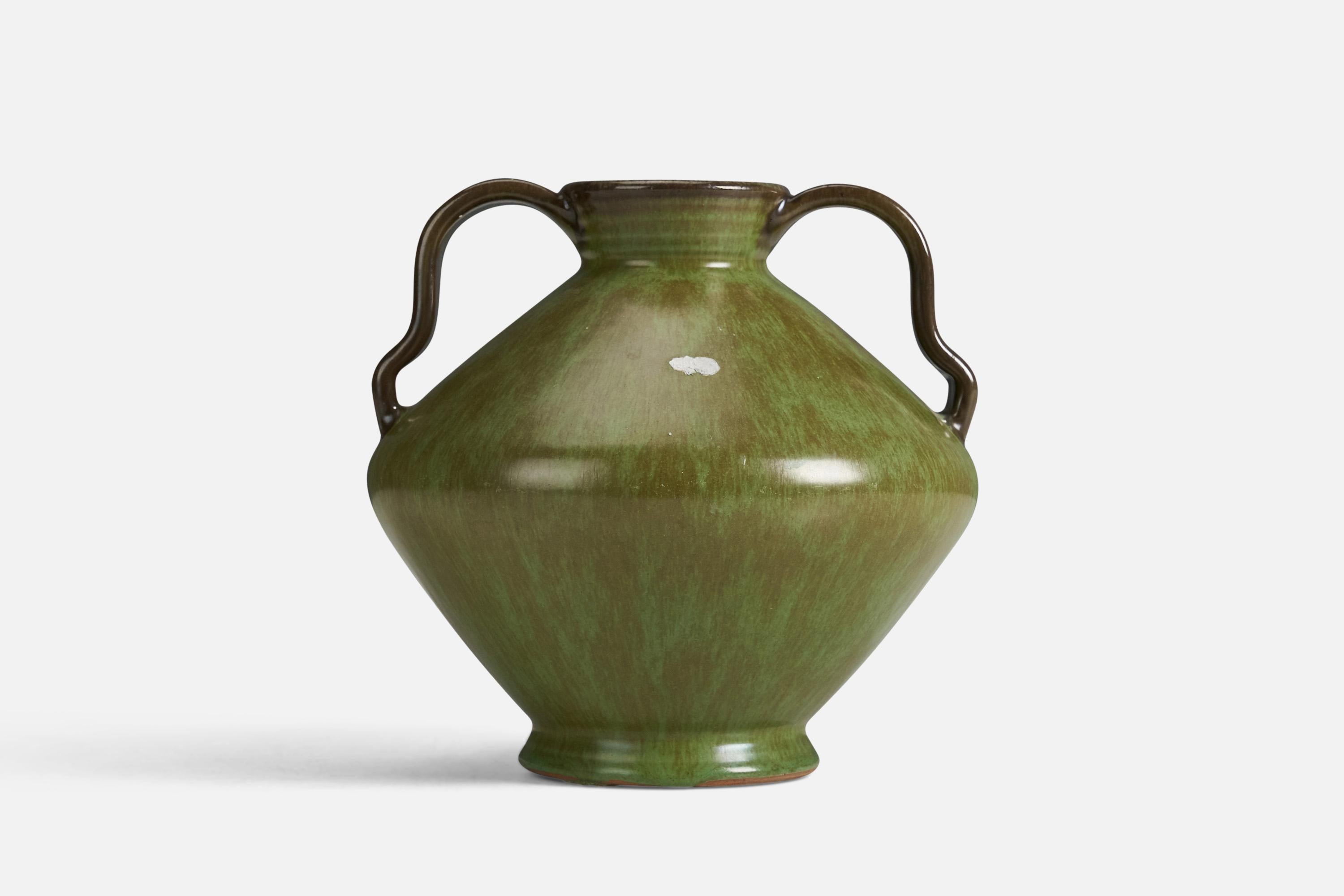 A green-glazed earthenware vase designed and produced by a Nittsjö, Sweden, 1940s.