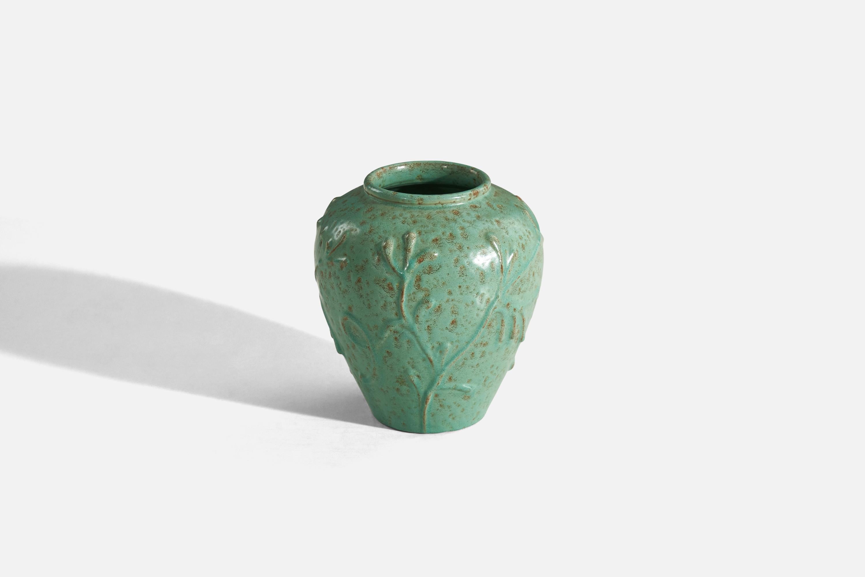 Scandinavian Modern Nittsjö, Vase, Green-Glazed Earthenware, Sweden, 1940s For Sale