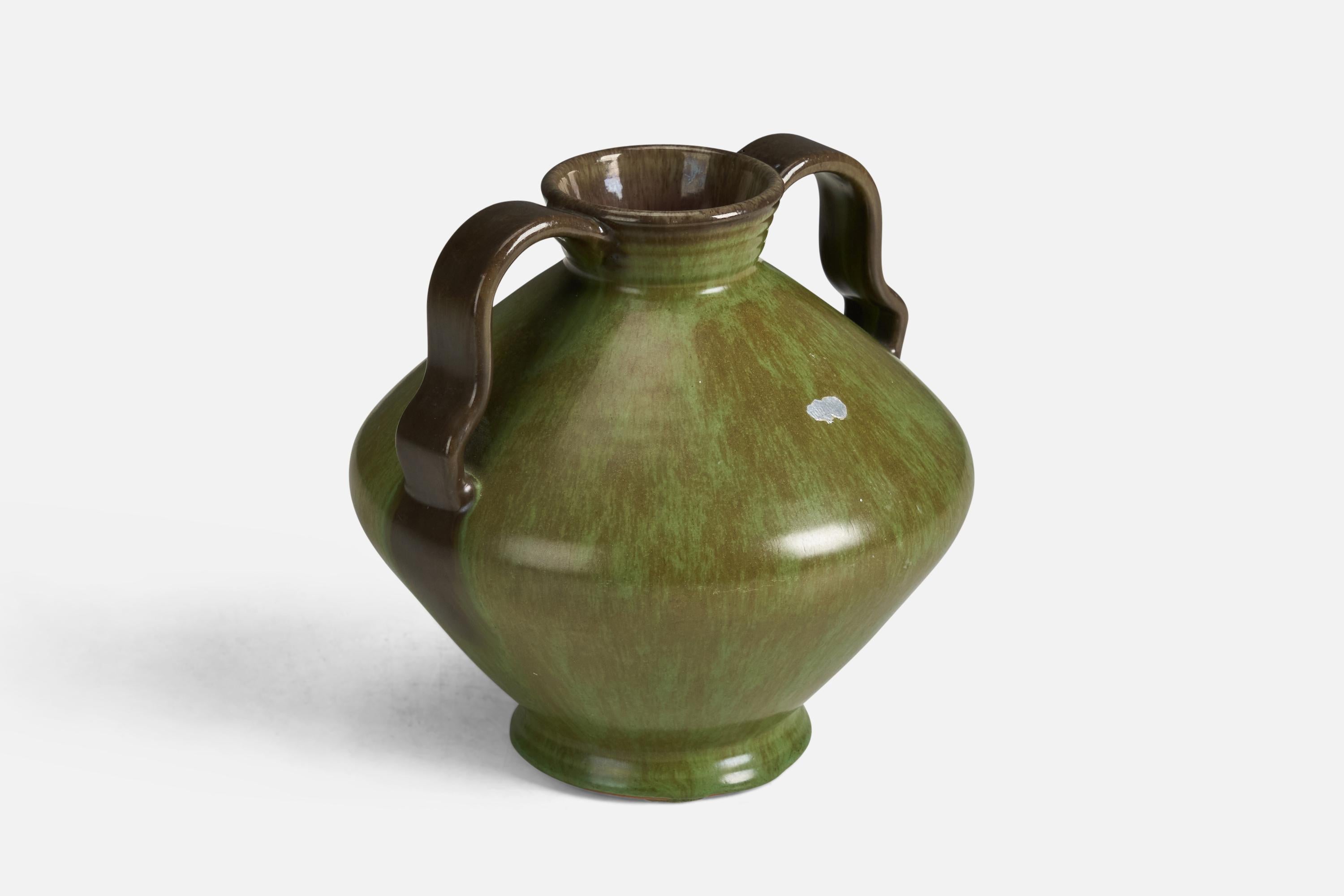 Mid-Century Modern Nittsjö, Vase, Green-Glazed Earthenware, Sweden, 1940s For Sale
