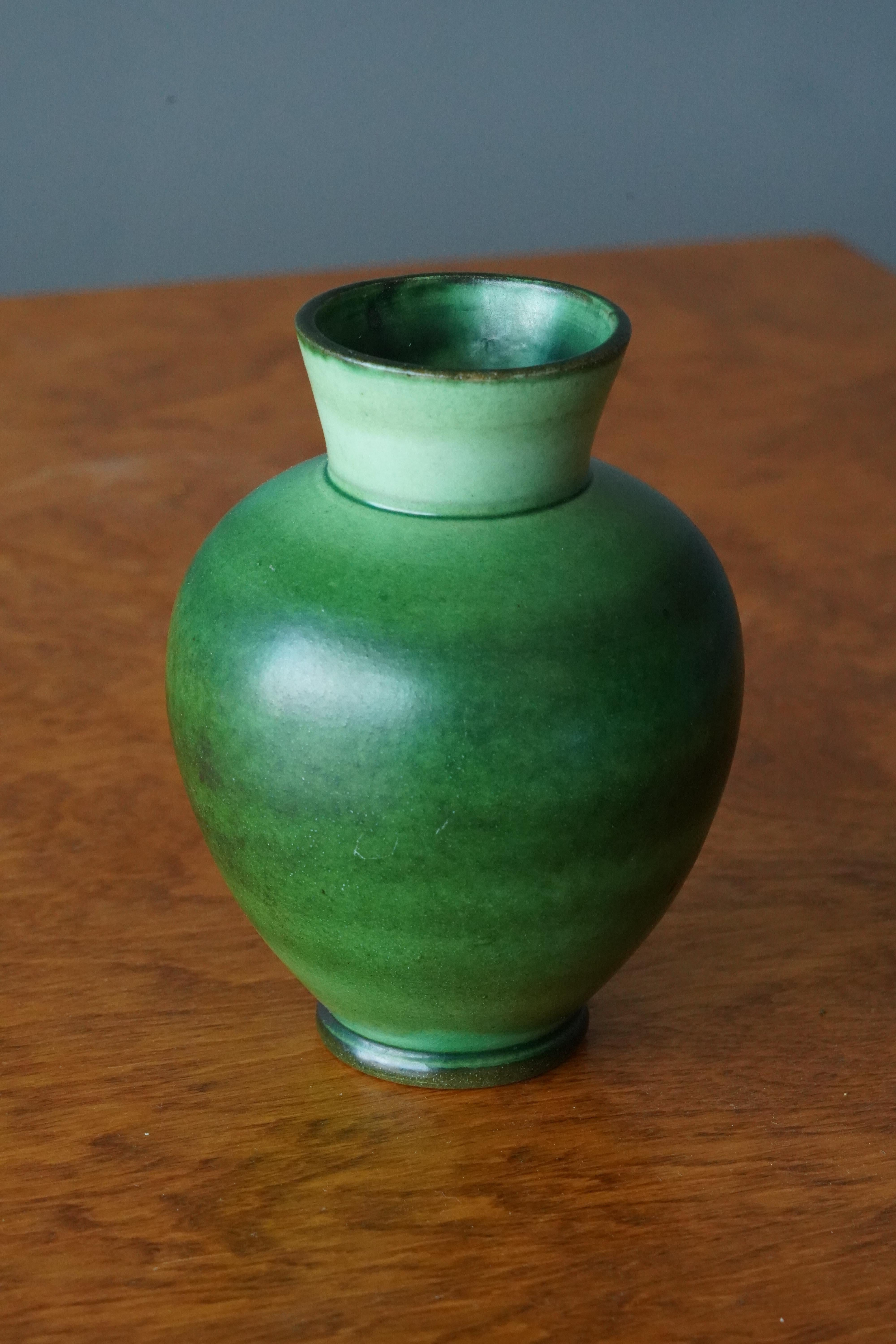 Swedish Nittsjö, Vase, Green Glazed Earthenware, Sweden, 1940s
