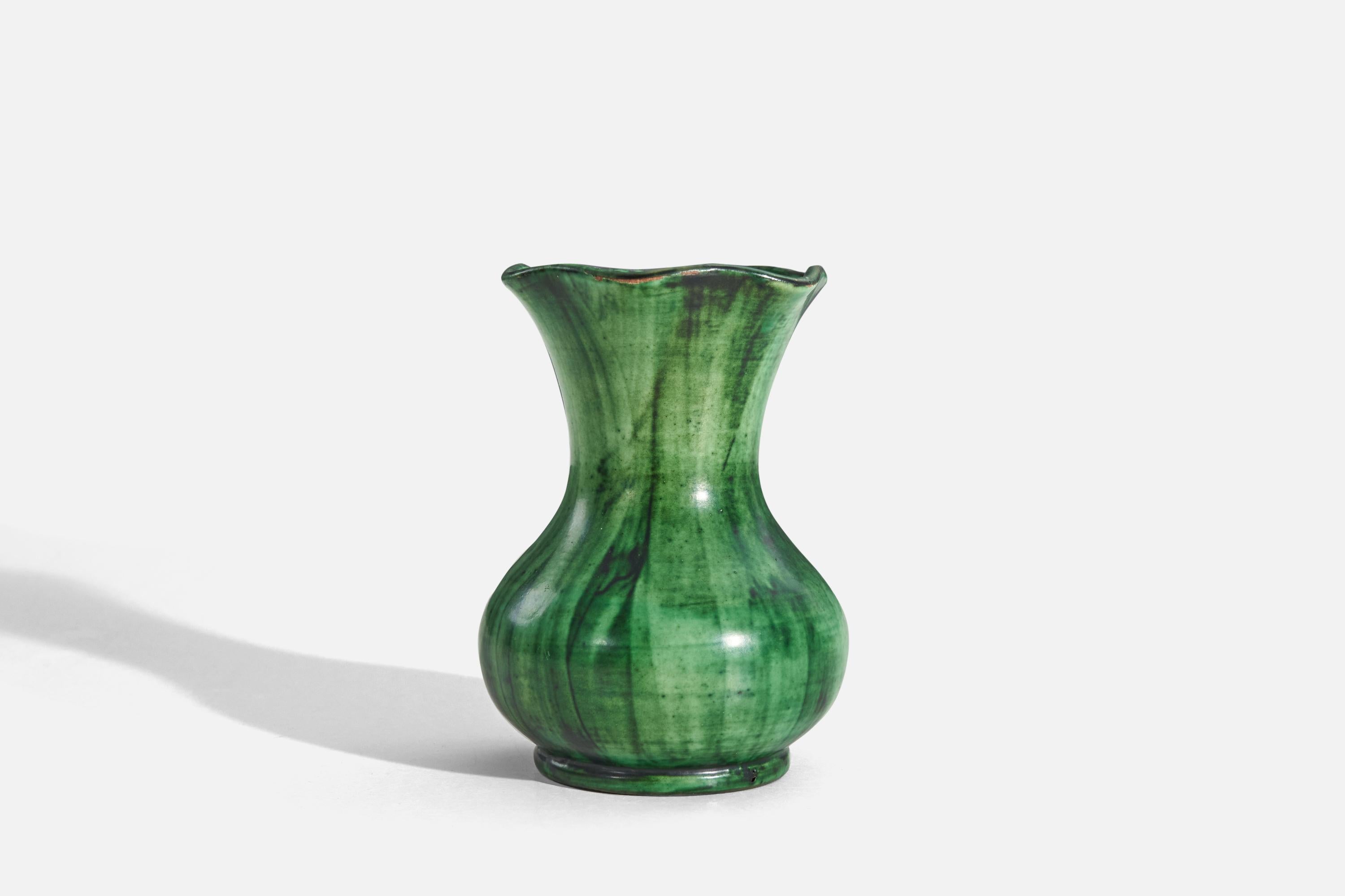 Swedish Nittsjö, Vase, Green Glazed Earthenware, Sweden, 1940s For Sale