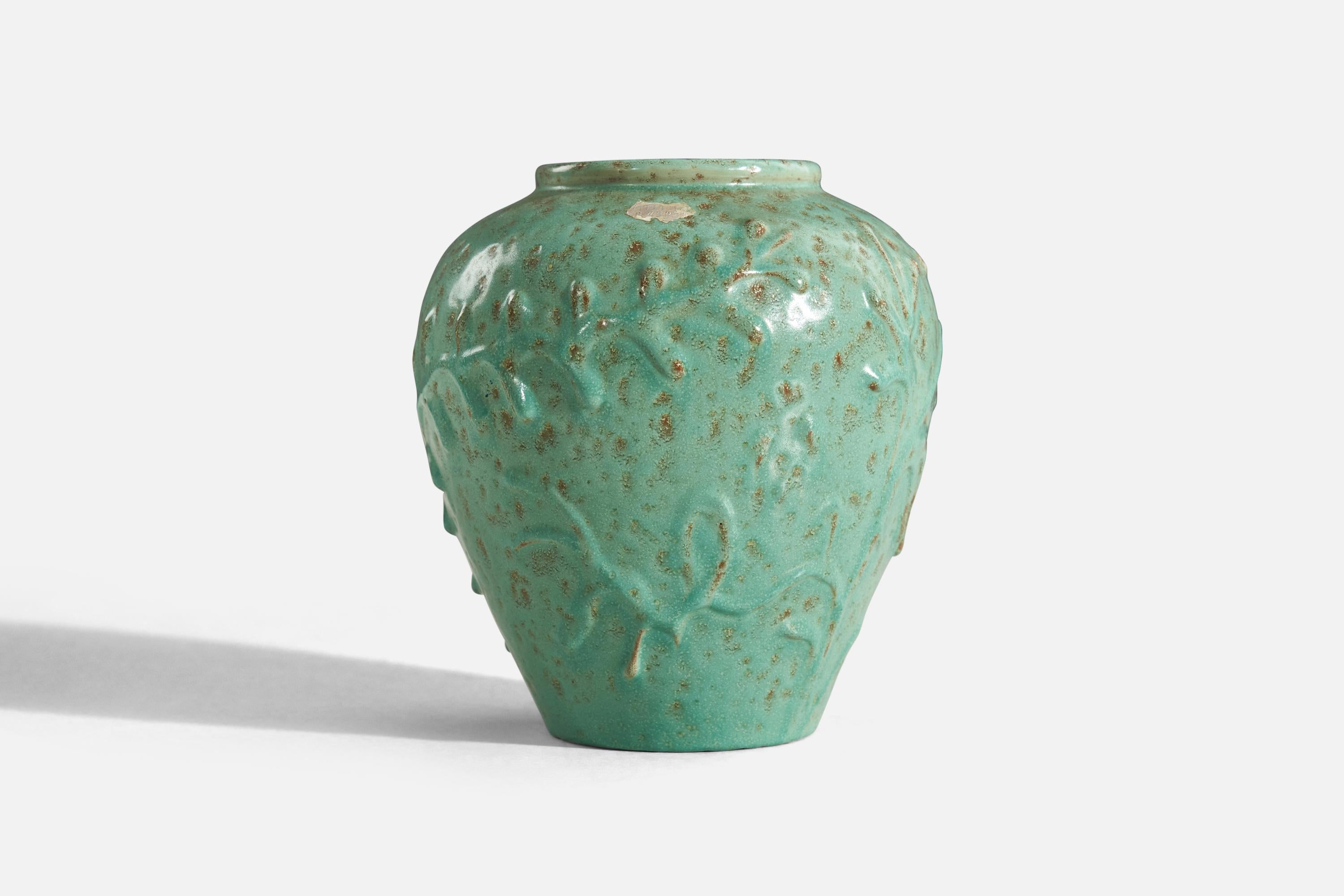 Swedish Nittsjö, Vase, Green-Glazed Earthenware, Sweden, 1940s For Sale