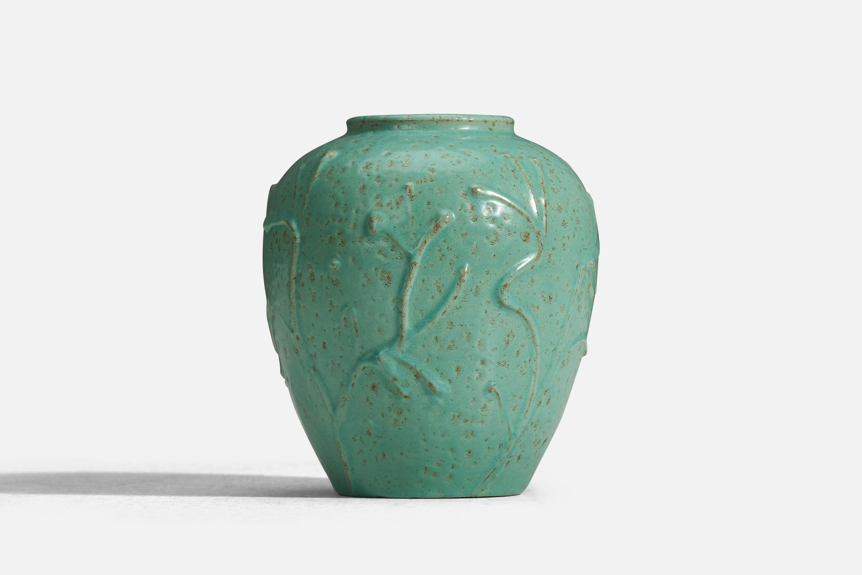 Swedish Nittsjö, Vase, Green Glazed Earthenware, Sweden, 1940s For Sale