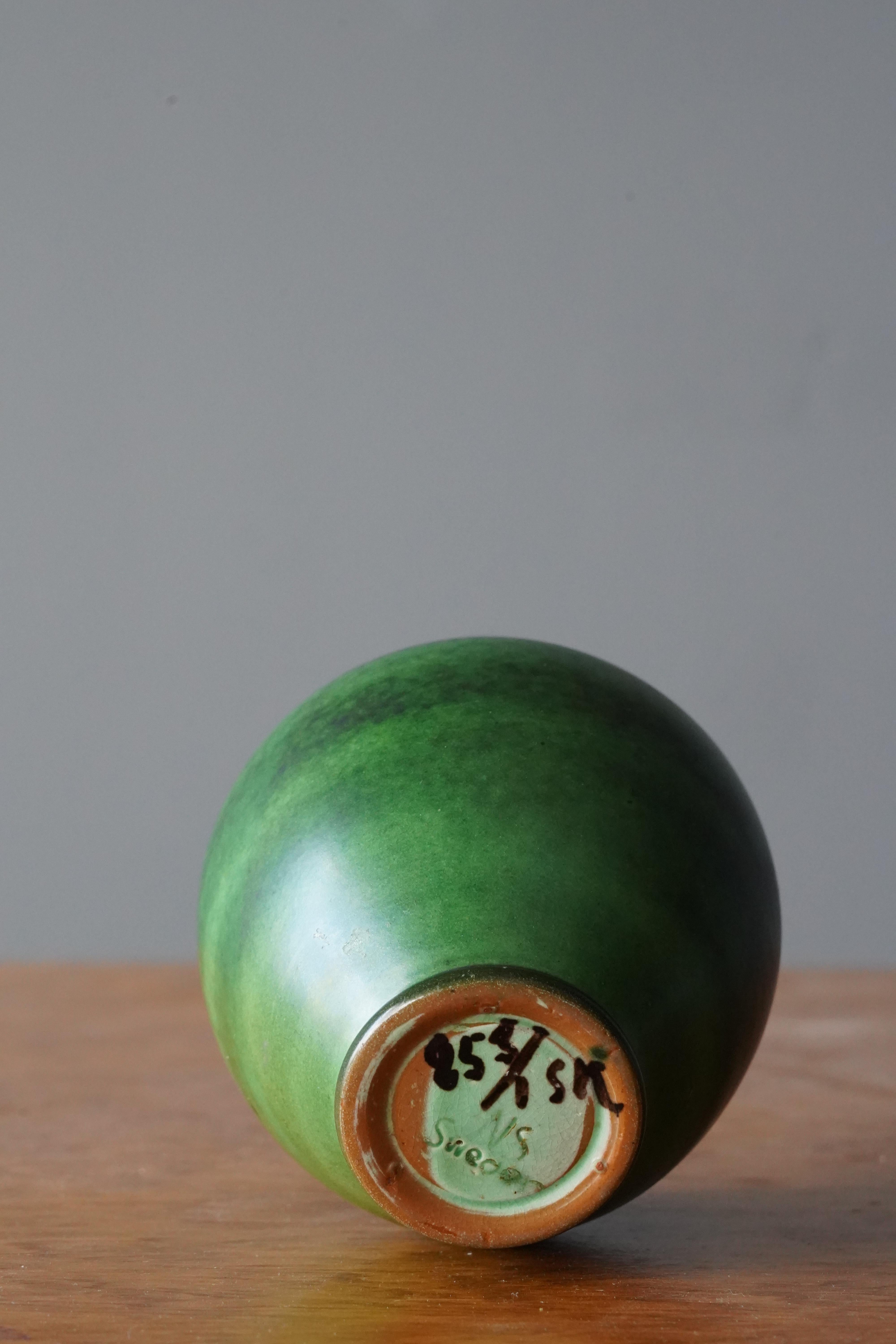 Nittsjö, Vase, Green Glazed Earthenware, Sweden, 1940s In Good Condition In High Point, NC