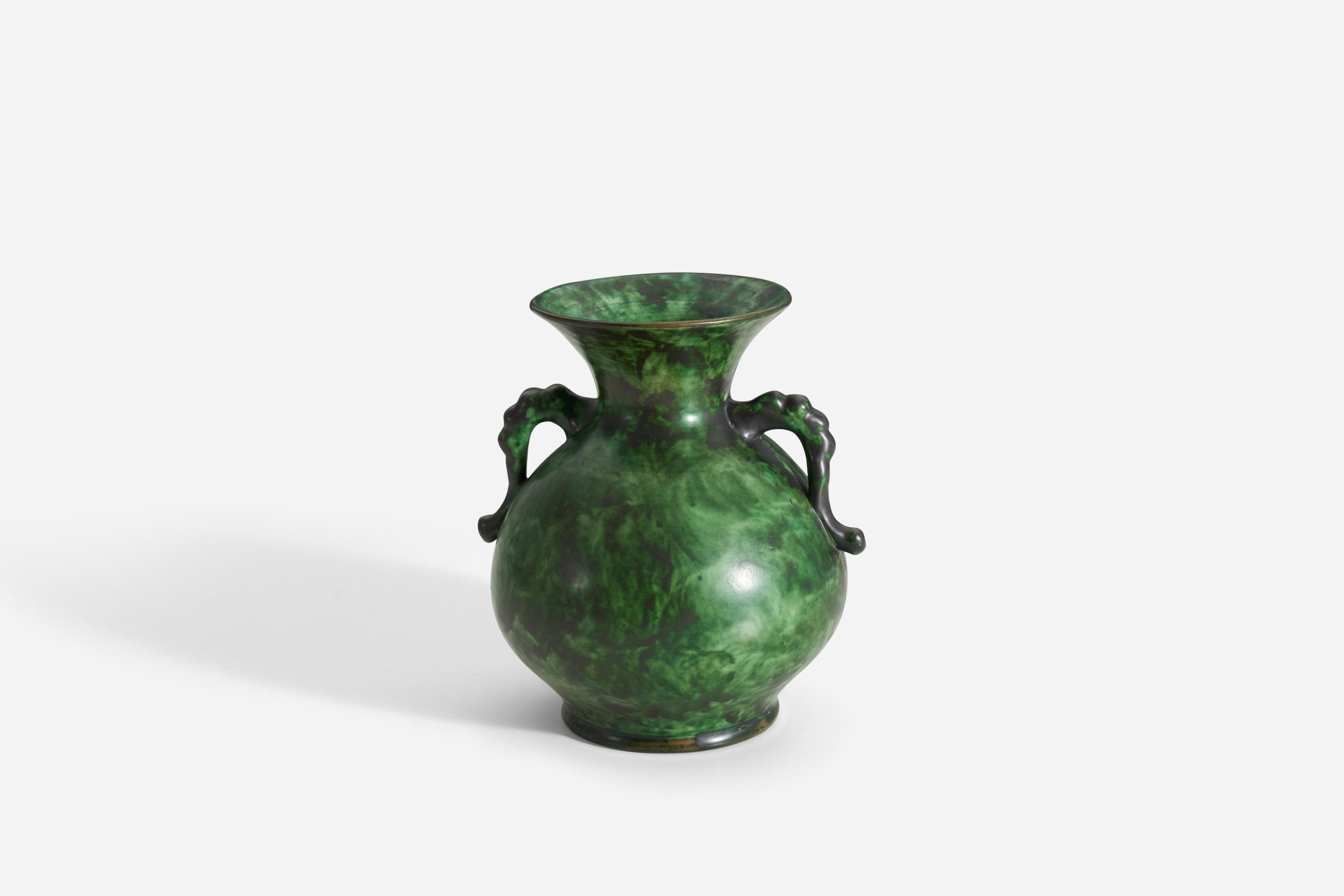 Mid-20th Century Nittsjö, Vase, Green Glazed Earthenware, Sweden, 1940s For Sale