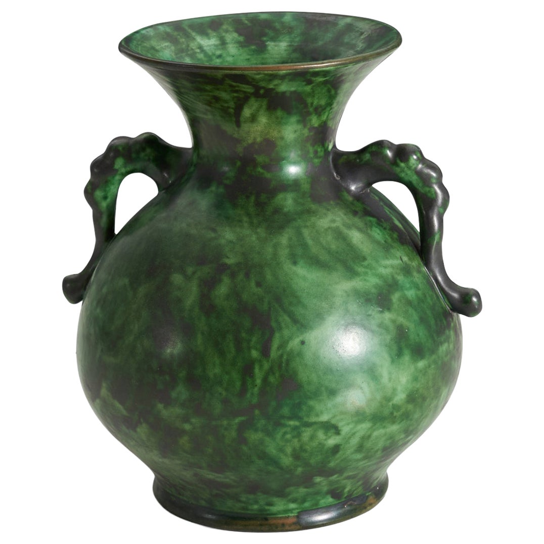 Nittsjö, Vase, Green Glazed Earthenware, Sweden, 1940s For Sale