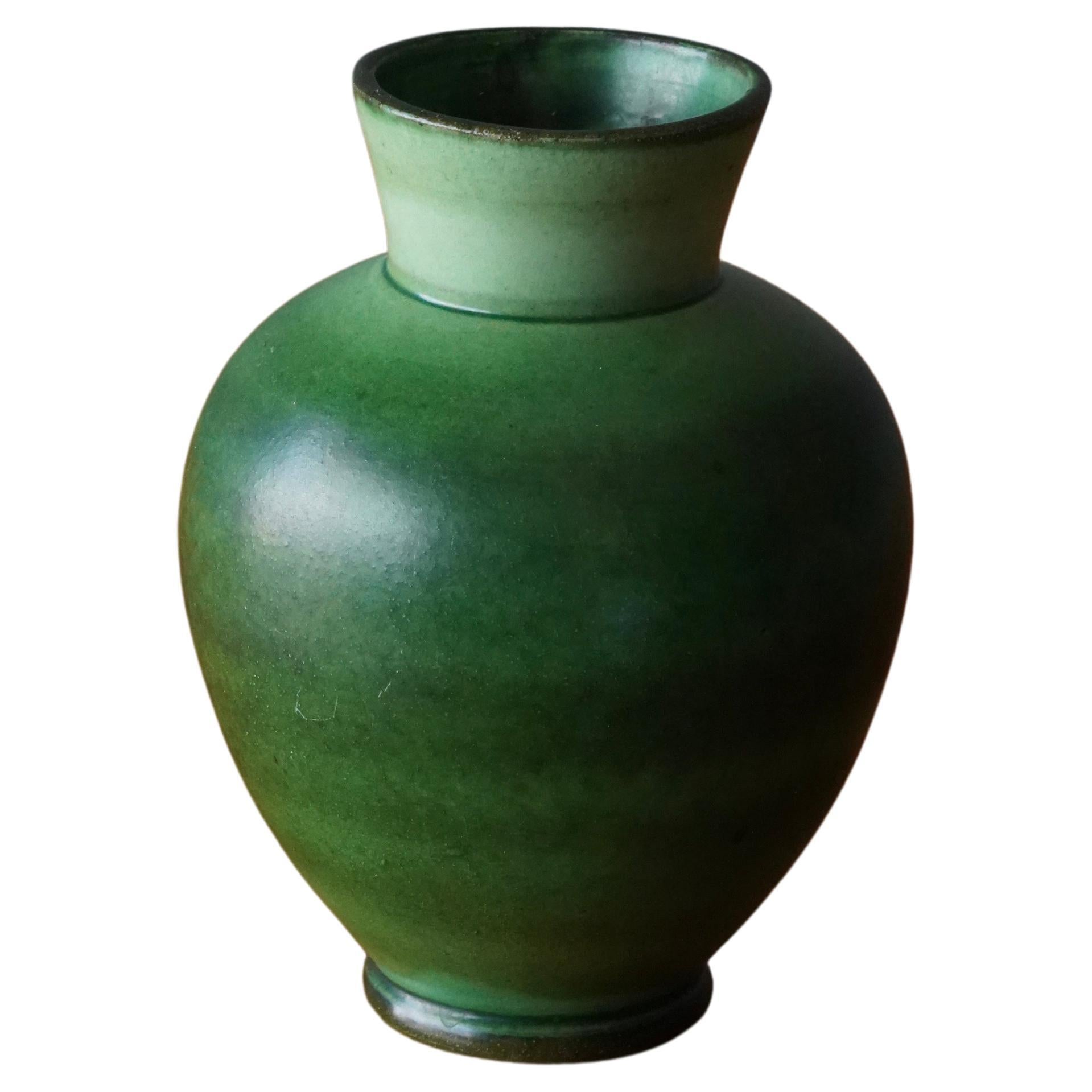 Nittsjö, Vase, Green Glazed Earthenware, Sweden, 1940s