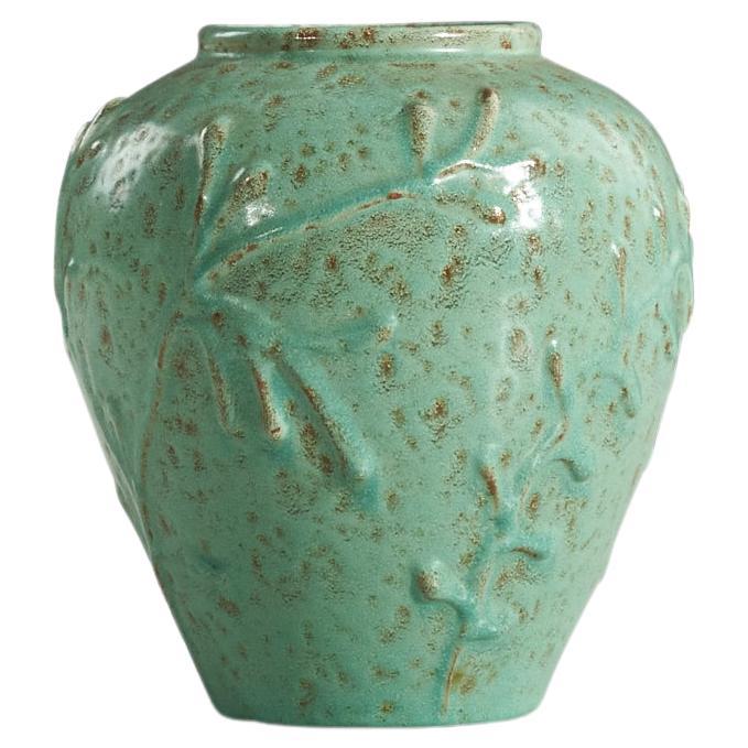 Nittsjö, Vase, Green-Glazed Earthenware, Sweden, 1940s For Sale