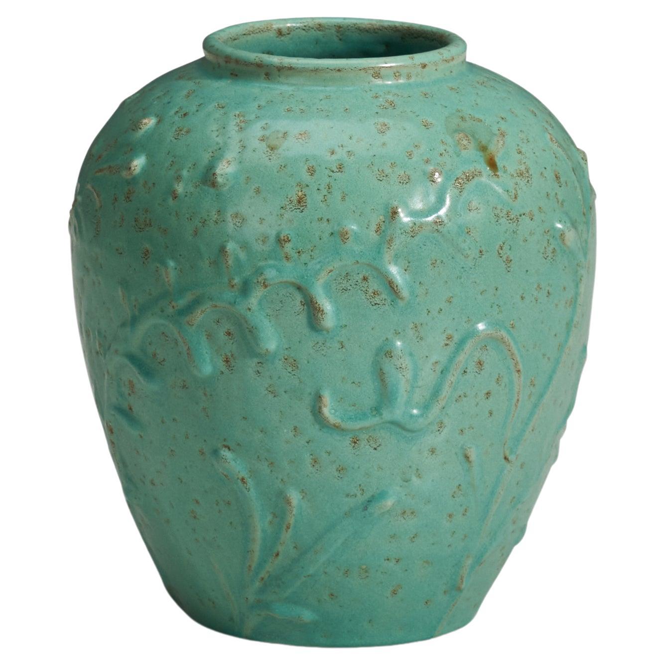 Nittsjö, Vase, Green Glazed Earthenware, Sweden, 1940s For Sale