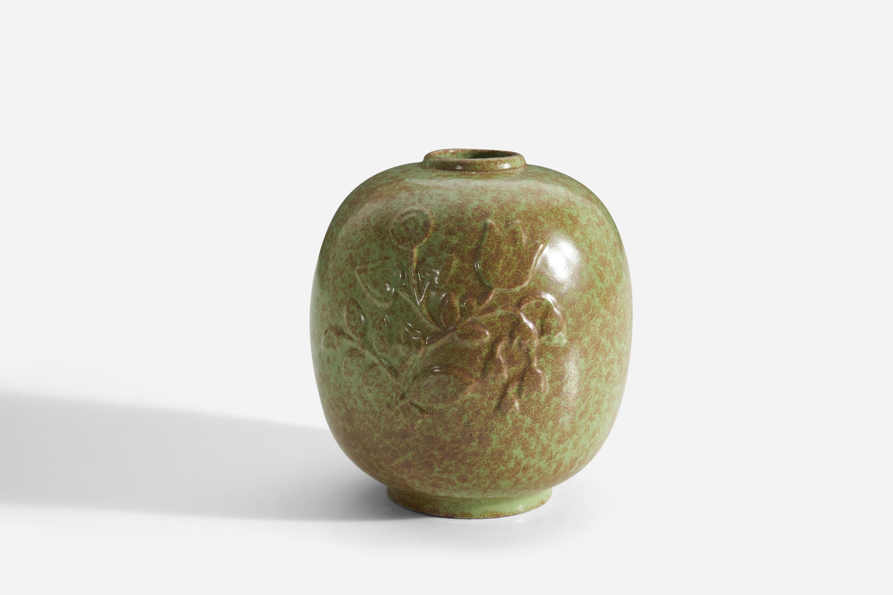 A green and brown-glazed earthenware vase designed and produced by Nittsjö, Sweden, c. 1930s-1940s.