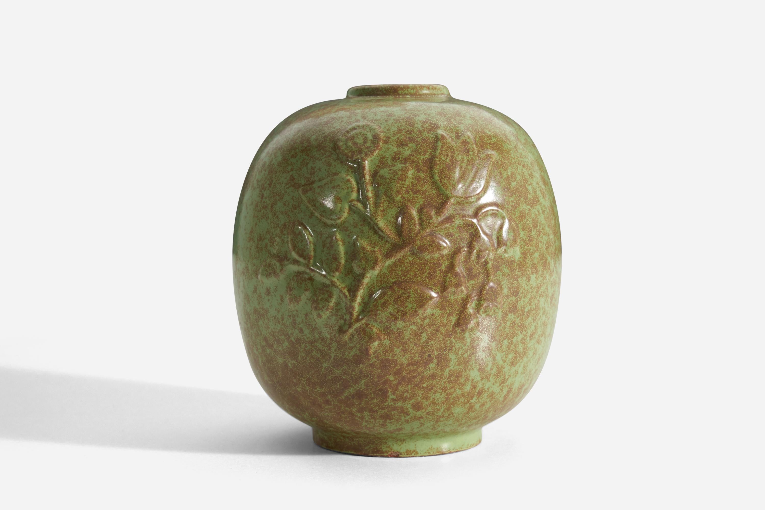 Swedish Nittsjö, Vase, Green-Glazed Earthenware, Sweden, c. 1940s For Sale