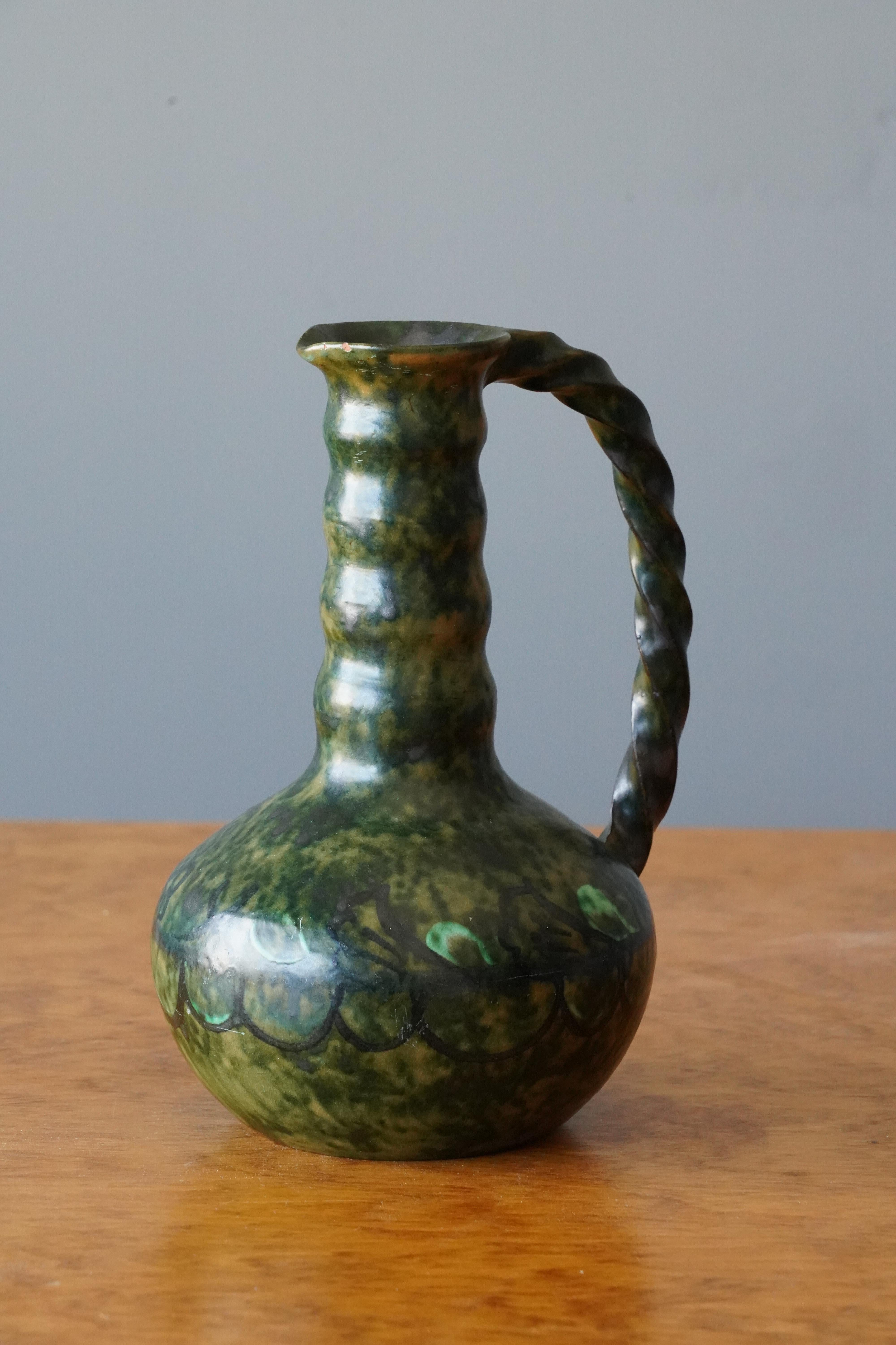 Scandinavian Modern Nittsjö, Vase or Pitcher, Green Glazed Earthenware, Sweden, 1940s