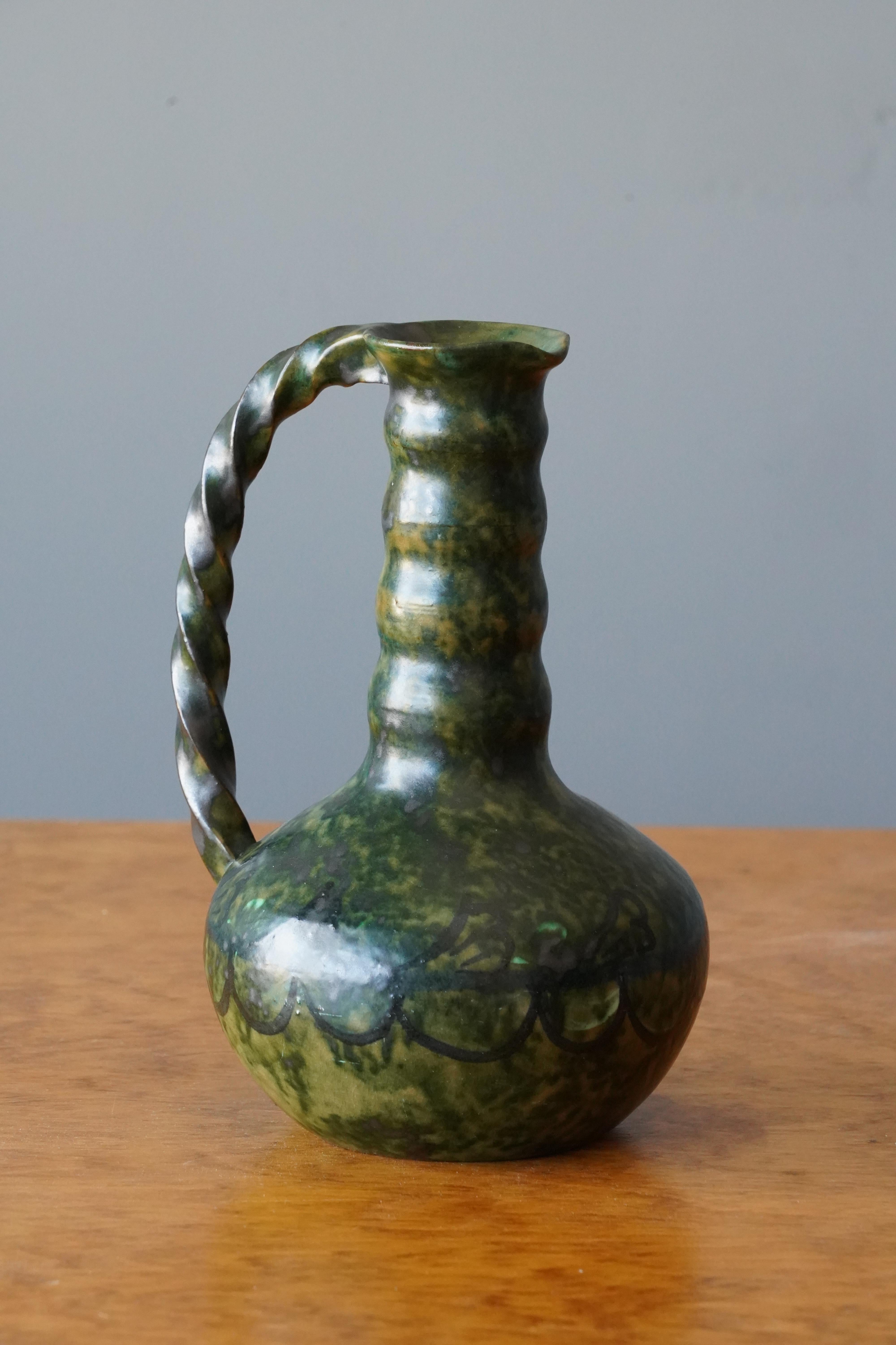 Swedish Nittsjö, Vase or Pitcher, Green Glazed Earthenware, Sweden, 1940s