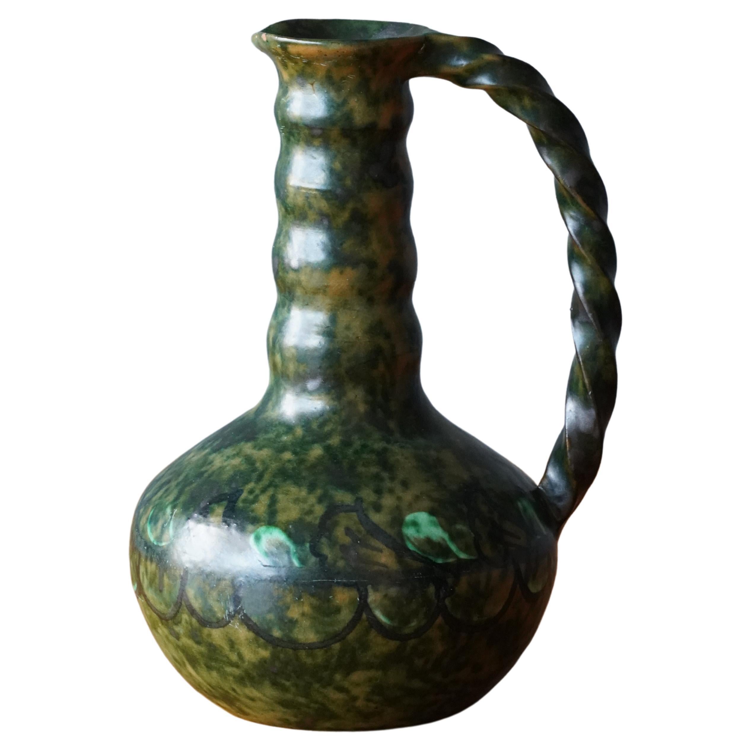 Nittsjö, Vase or Pitcher, Green Glazed Earthenware, Sweden, 1940s