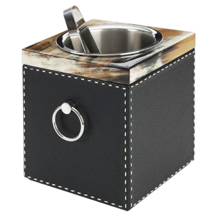 Nives Ice Bucket in Glossy Horn & Aida Pebbled Leather by Arcahorn For Sale