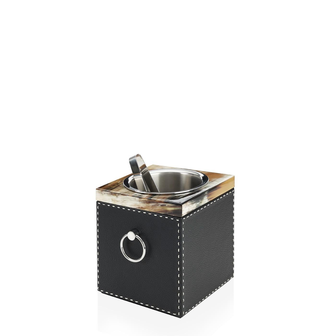Contemporary Nives Ice Bucket in Pebbled Leather and Corno Italiano, Mod. 4453 For Sale