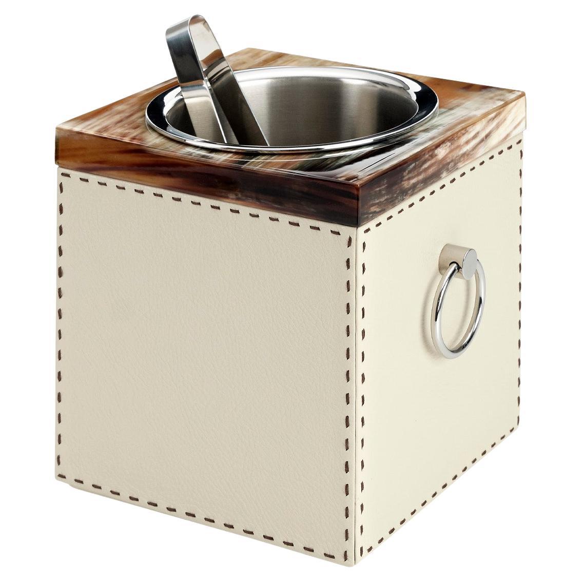Nives Ice Bucket in Pebbled Leather and Corno Italiano, Mod. 4453 For Sale