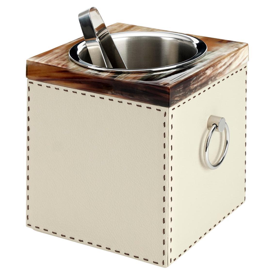 Nives Ice Bucket in Pebbled Leather and Corno Italiano, Mod. 4453