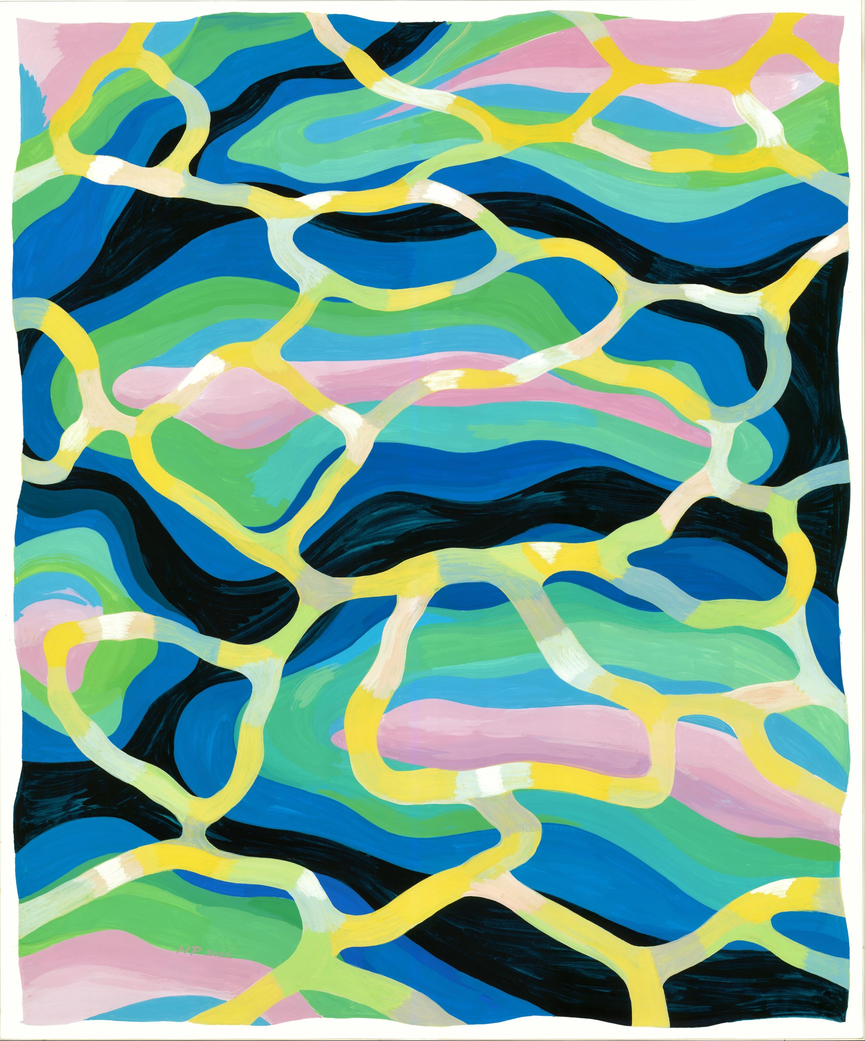 WAVING IV 
20.0 x 24.0 x 0.2, 0.5 lbs 
Gouache on paper
Hand signed by artist 

Artist's Commentary: 
"This is a gouache painting created in an abstract manner but inspired with sea waves movement and reflections on the sea surface. It is part of