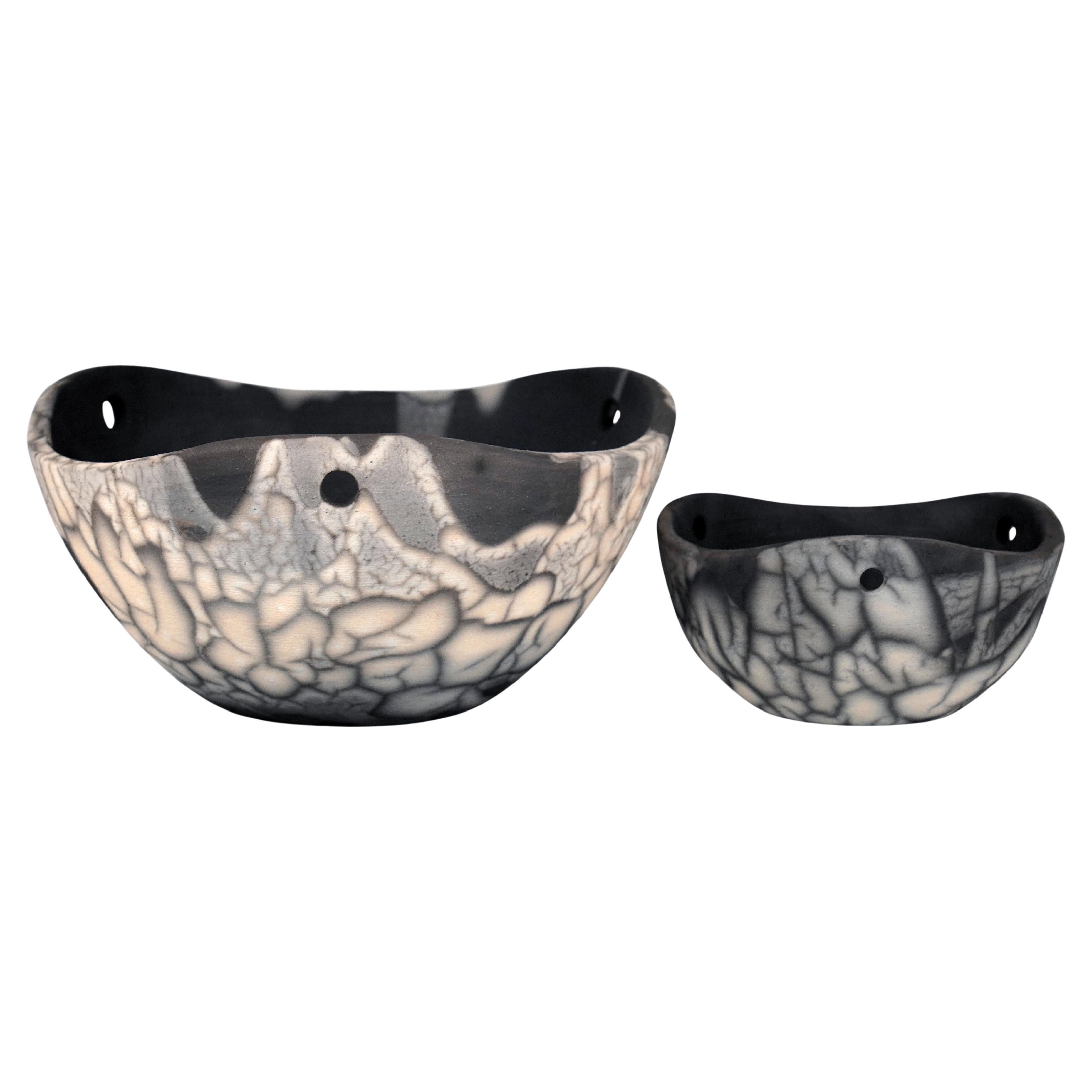 Niwa Indoor Hanging Planter Raku Pottery, Smoked Raku - Set, Handmade Ceramic For Sale
